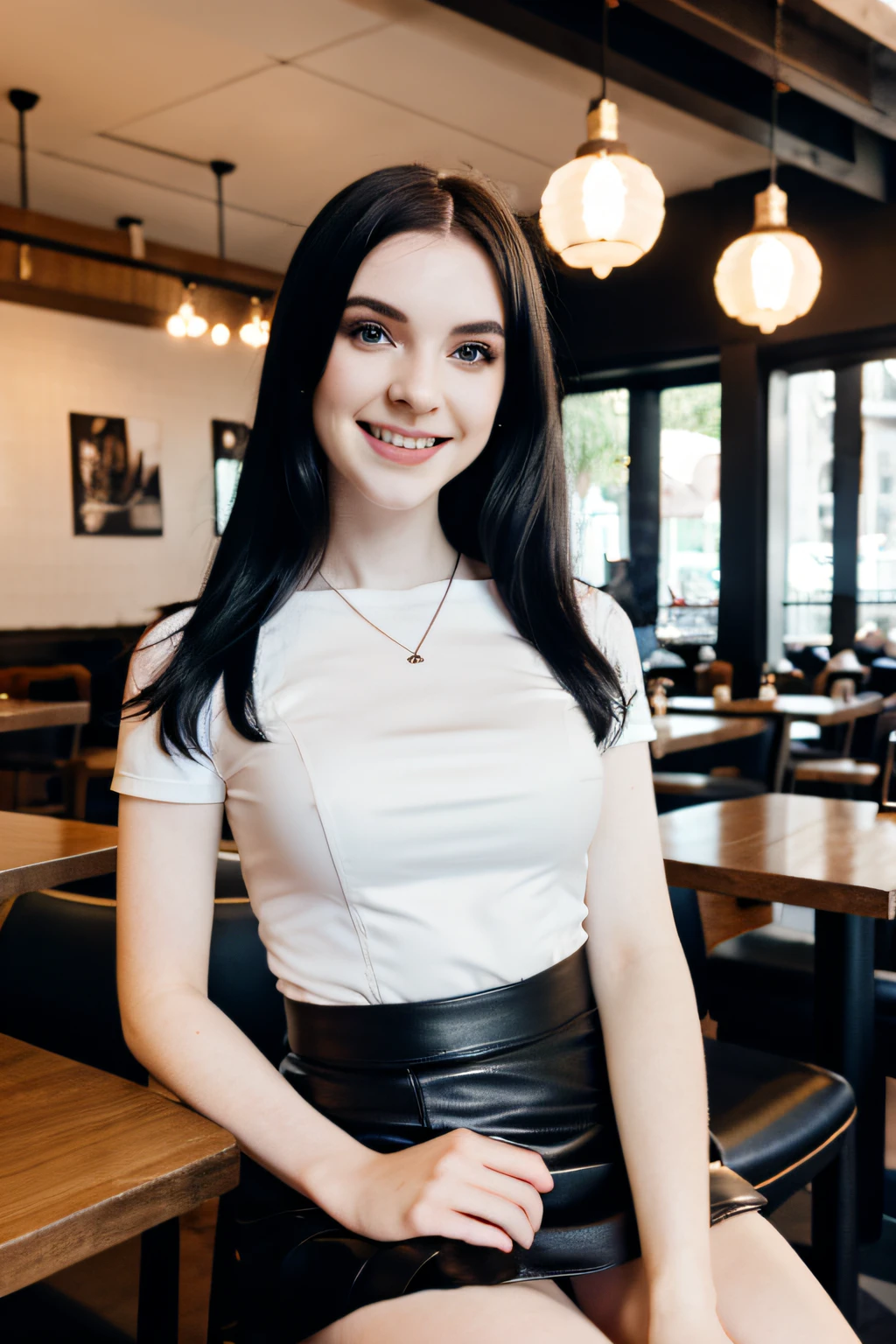 gothic girl, pale white skin and dark hair, white top, black leather skirt, smiling and sitting in a restaurant