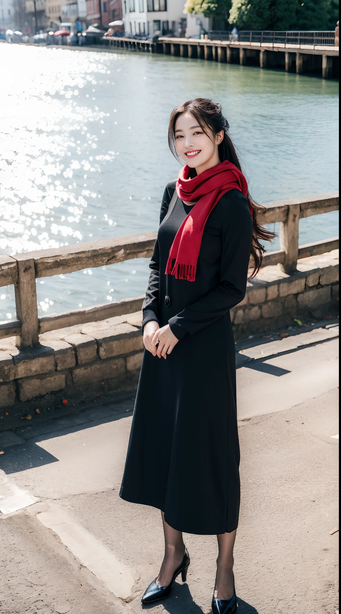 (RAW photo:1.2), (Photorealistic:1.4),Beautiful detailed woman,very detailed eyes and faces, A detailed eye, ultra - detailed,A high resolution, The is very detailed,best qualtiy,illustratio,unified,8k 壁纸,tmasterpiece,best qualtiy,1girll,Stand at the bridgehead of the ancient town,The boat is in the water, Black long-sleeved dress,Wear a red coat over it,Tied with a scarf, exteriors,lacepantyhose,耳Nipple Ring,jewely,high-heels,Flowers in hand,looking at viewert,Black color hair,Black shoes,full bodyesbian,standing on your feet,longer sleeves,long whitr hair,In the daytime,with brown eye,ssmile