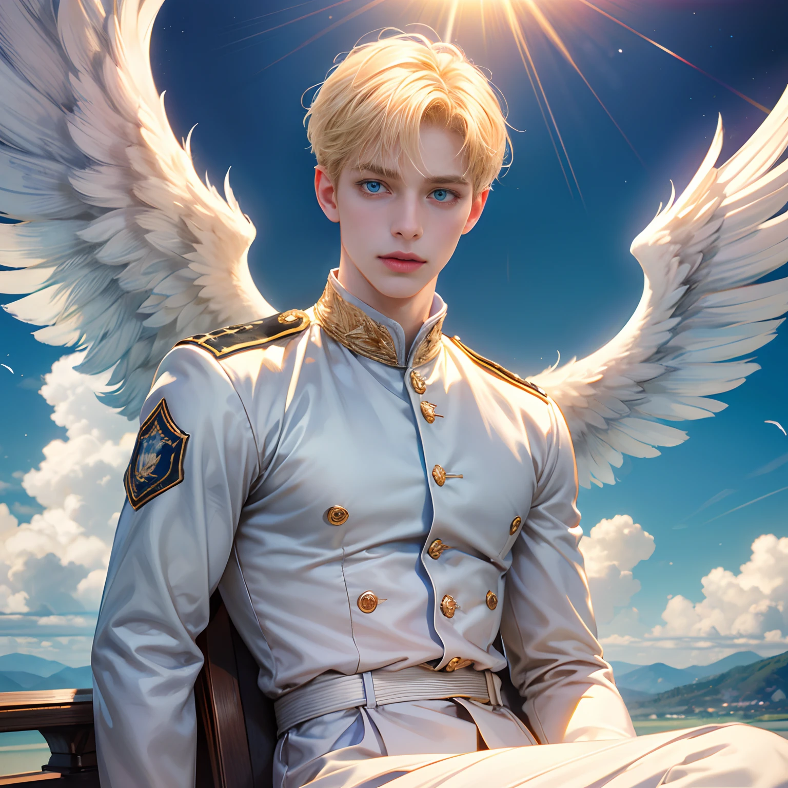 One pale boy:1.5, clear blue eyes, Europe, he is sitting on a realistically depicted cloud, very realistic, super high quality, beautiful blond short hair with a slight habit:1.8, ultra detail:1.8, angel wide wings, ((military angel)), warm sun light afternoon, detailed eyes, feathered ears, looking at camera