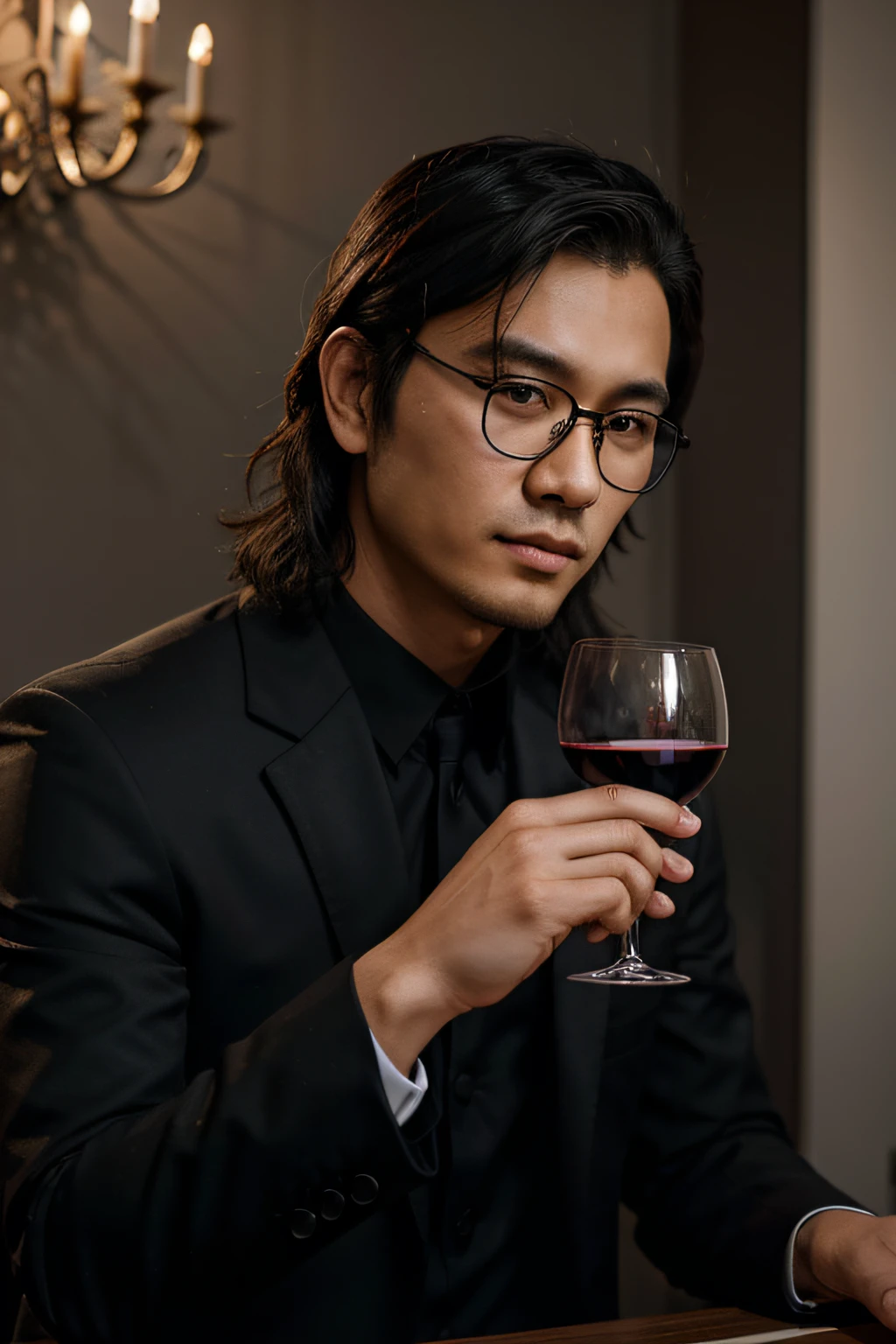 asian man, v-line face, curly mullet hair, Young adult, 26 years old, wine glass on hand, black suit, black glasses, no beard, portrait