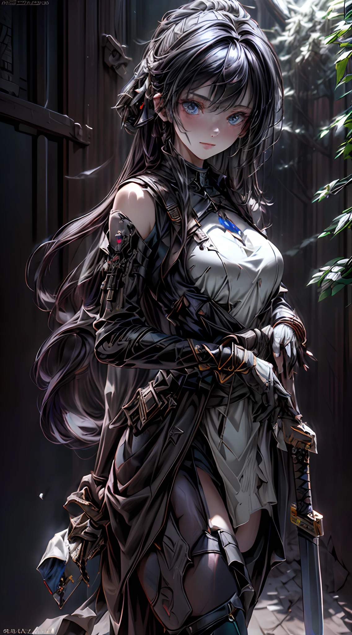 ((top-quality)), ((​masterpiece)), (detaileds:1.4), 3D, Beautiful Cyberpunk Woman Image,nffsw(HighDynamicRange),Ray traching,NVIDIA RTX,Hyper-Resolution,Unreal 5,Sub-surface scattering,PBR Texturing,Postprocess,Anisotropy Filtering,depth of fields,Maximum clarity and sharpness,multi-layer texture,Albedo and specular maps,Surface Shading,Accurate simulation of light-material interactions,perfectly proportions,Octane Rendering,Two-tone lighting,Wide aperture,Low ISO、White Balance、thirds rule、8K Raw、(((Holding an assault rifle in your hand)))(((Carrying a sword on his back))),(((Clothes are stained with dirt or dust))),(((white  clothes)))