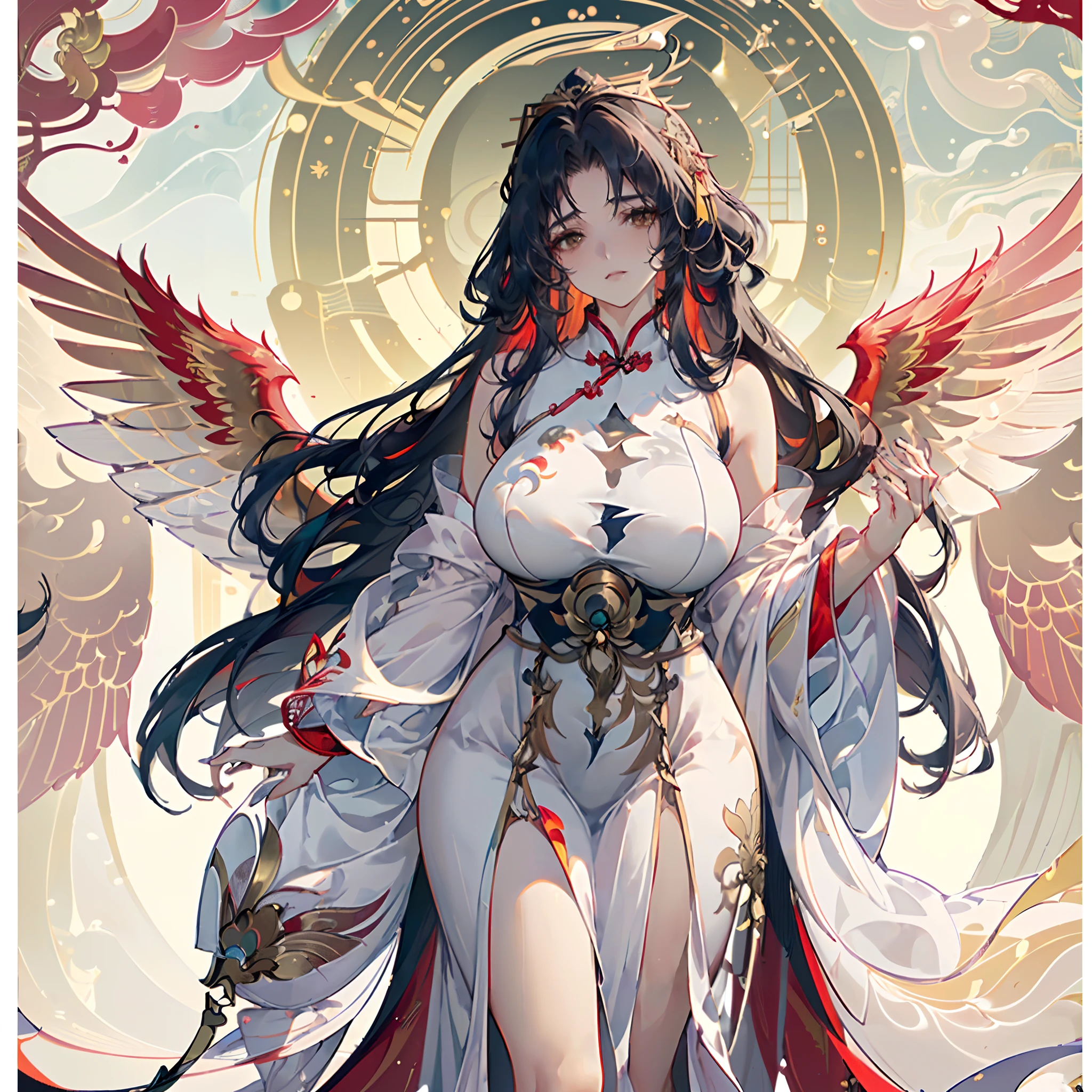 (8K, Best quality, tmasterpiece:1.2),\(eye detailed\),\(Facial features\),(\(Clothes detail details\)\),(huge tit),full bodyesbian,(Facial focus) ,Very detailed CG unity 8K wallpaper,hugefilesize,ultra - detailed,A high resolution,absurderes,beautidful eyes,Ray traching,dramatic shadow,finely detailled,Dramatic angles,Hyper-detailing,(1 girl:1.3),(Solo),((red tinted hair,Waist length hair,hair highlighting,Gold bangs highlights,The air fills the sea,Messy hair:1.3)),((Danfeng Eyes,Golden eyes,slender eyebrow,Slender eyelashes:1.3)),((A beauty who is still attractive,Mature woman,maam. Gao Cheng,Plump body:1.4)),((Plump breasts,Colossal tits,huge tit,Huge breasts:1.2))+((Thigh fat,Plump ass,Long legs:1.2))+((Slim waist,Slightly chubby belly,)),((Sexy cheongsam,The cheongsam is embroidered with a golden phoenix mural,White cheongsam,There is a pair of red bird wings on its back:1.3))