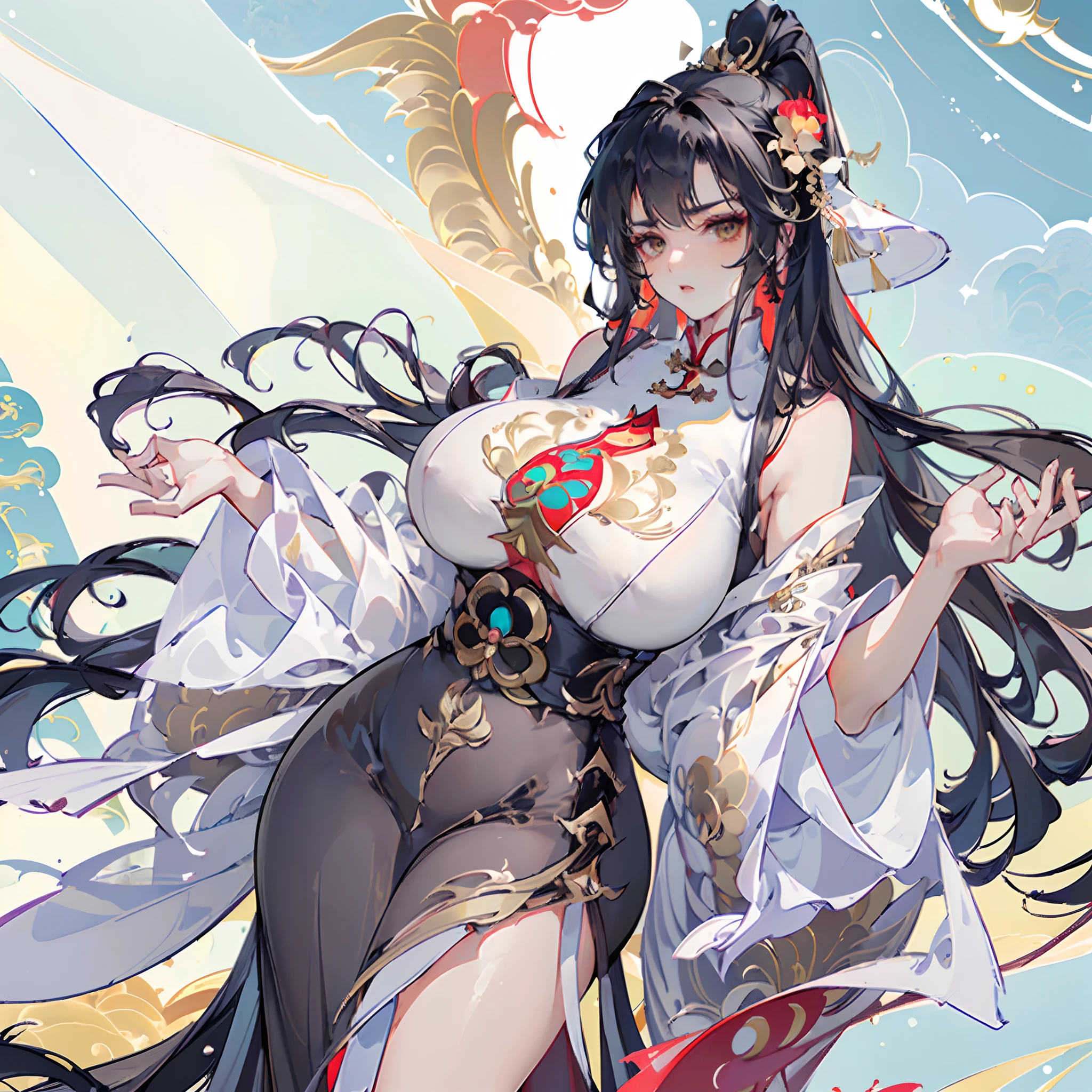 (8K, Best quality, tmasterpiece:1.2),\(eye detailed\),\(Facial features\),(\(Clothes detail details\)\),(huge tit),full bodyesbian,(Facial focus) ,Very detailed CG unity 8K wallpaper,hugefilesize,ultra - detailed,A high resolution,absurderes,beautidful eyes,Ray traching,dramatic shadow,finely detailled,Dramatic angles,Hyper-detailing,(1 girl:1.3),(Solo),((red tinted hair,Waist length hair,hair highlighting,Gold bangs highlights,The air fills the sea,Messy hair:1.3)),((Danfeng Eyes,Golden eyes,slender eyebrow,Slender eyelashes:1.3)),((A beauty who is still attractive,Mature woman,maam. Gao Cheng,Plump body:1.4)),((Plump breasts,Colossal tits,huge tit,Huge breasts:1.2))+((Thigh fat,Plump ass,Long legs:1.2))+((Slim waist,Slightly chubby belly,)),((Sexy cheongsam,The cheongsam is embroidered with a golden phoenix mural,White cheongsam:1.3))