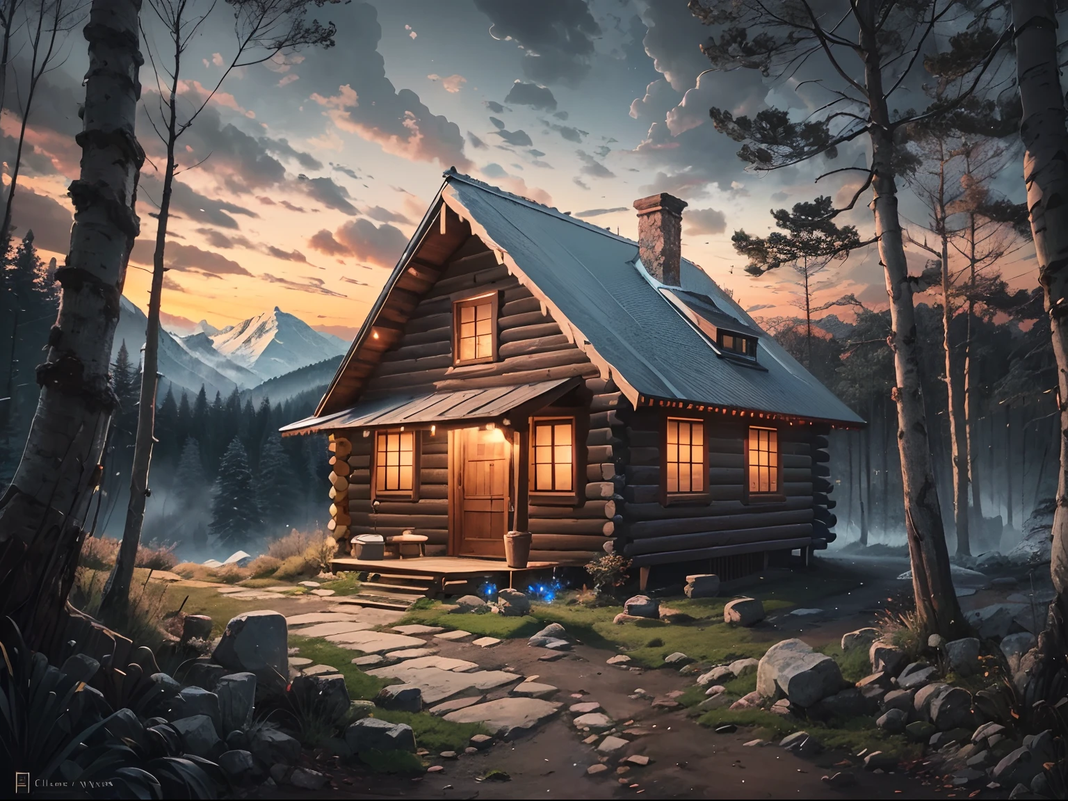 A picture of a log cabin in the mountains with a stone trail leading through the trees to the cabin, closeup of black and white miniature sheltie tied to the porch, pile of chopped wood and an axe beside the cabin, three crosses in front of the cabin, small private aircraft is parked on the mountain's edge, a gymnast is on a balance beam in the front yard, cinematic, realism, crystal clear, micro-details, cinematic light, highres, imagination, (realistic), clear skies, composition, sunset, (hdr:1.5), outdoors, intricate details,