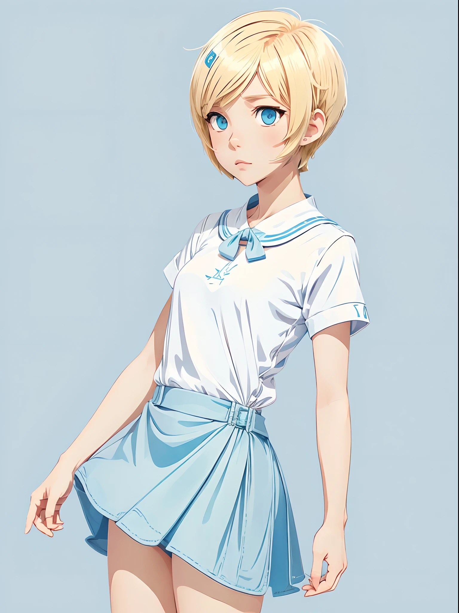 A simple 2d vector, flat illustration, A cute Illustration of an anime girl with light blue eyes,(((blonde short hair))), bold outlines,Profile, sideways,chibi character style, line art, light blue knit ,wearing a white blouse,quirky and colorful illustrations, and paintings with sharp contrasting colors.