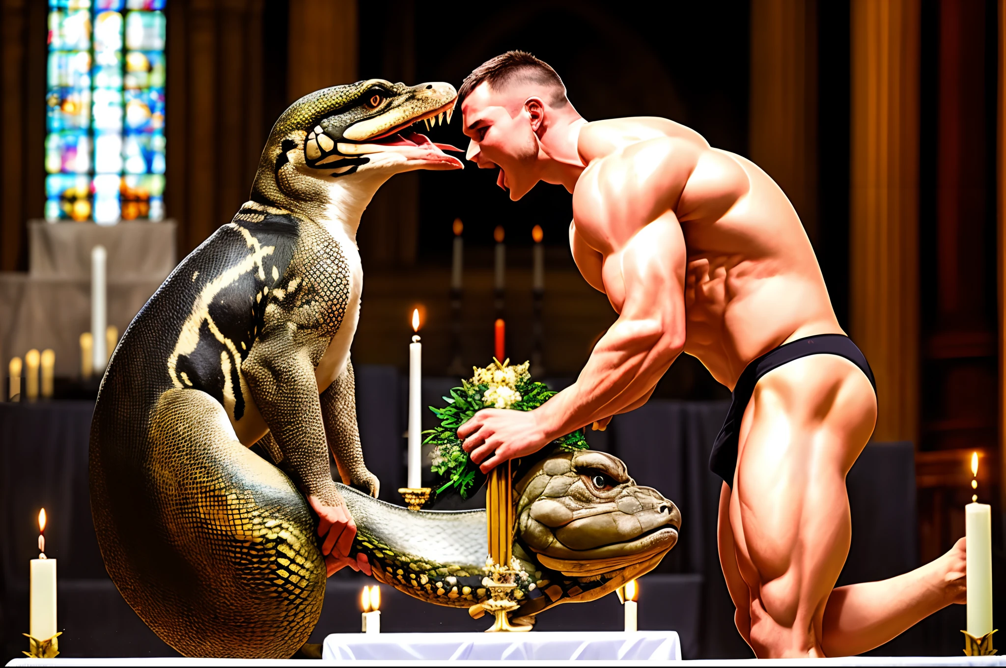 A naked bodybuilder standing on the altar and offering his body to a large phyton aiming its mouth to his