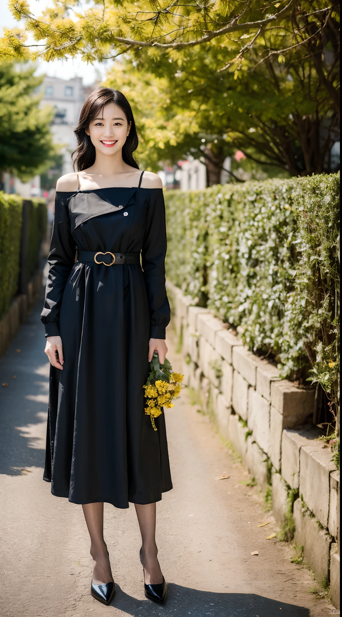 (RAW photo:1.2), (Photorealistic:1.4),Beautiful detailed woman,very detailed eyes and faces, A detailed eye, ultra - detailed,A high resolution, The is very detailed,best qualtiy,illustratio,unified,8k 壁纸,tmasterpiece,best qualtiy,1girll,Stand at the bridgehead of the ancient town,The boat is in the water, Black long-sleeved dress,Wear a red coat over it, exteriors,lacepantyhose,耳Nipple Ring,jewely,high-heels,Flowers in hand,looking at viewert,Black color hair,Black shoes,full bodyesbian,standing on your feet,longer sleeves,long whitr hair,In the daytime,with brown eye,ssmile