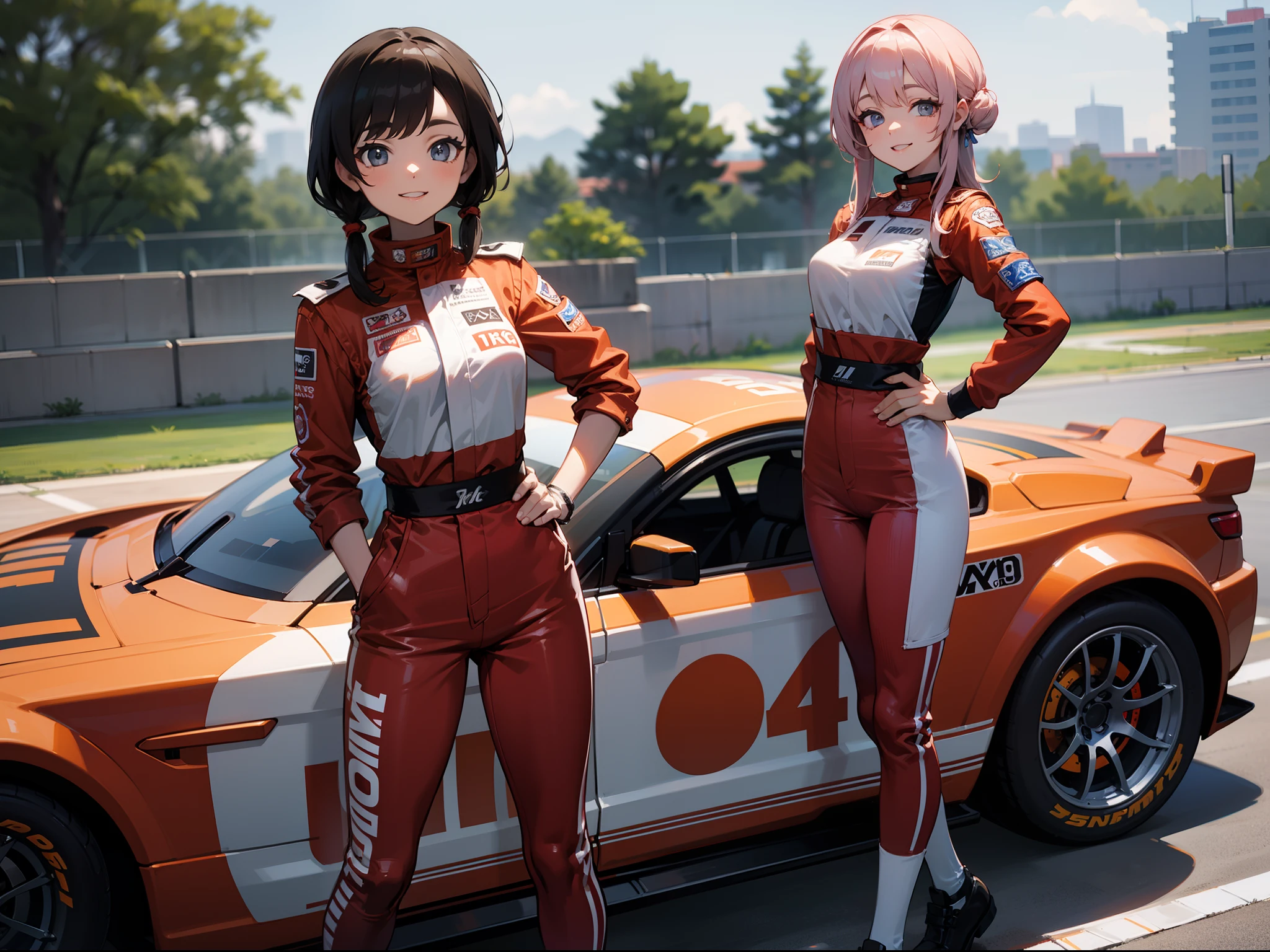 masterpiece, super detail, best quality, racing car and young female, solo, race queen costume, smile, hand on hip, looking at viewer, high detailed background, background car race track, in front of crowd, bokeh, anatomically correct