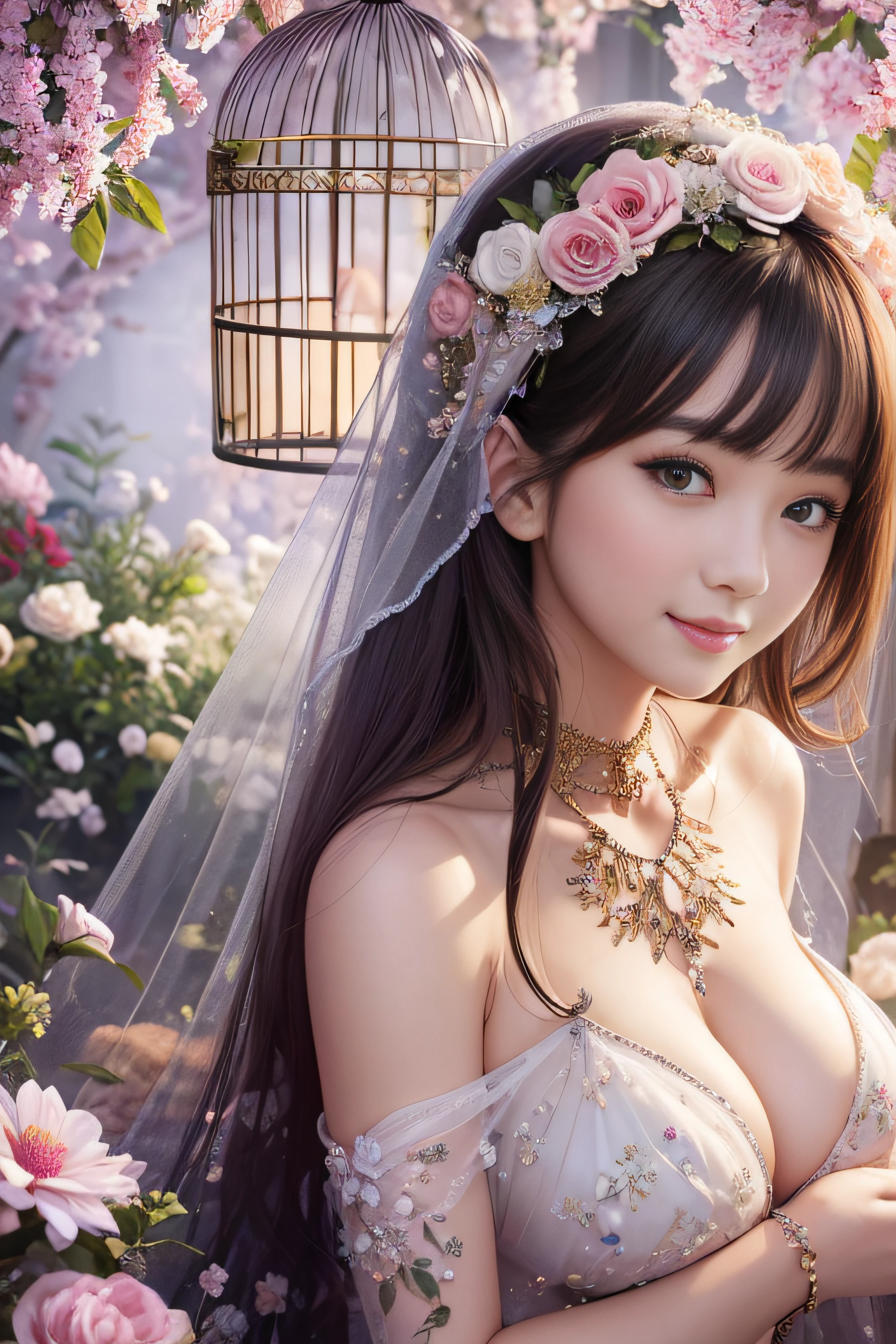 There is a beautiful girl in a ridiculously large bird cage、Beautiful girl smiling in a bird cage、There are many flowers blooming around、Whispering of a little bird、The maiden's breasts are very large、See-through dress with fine floral embroidery