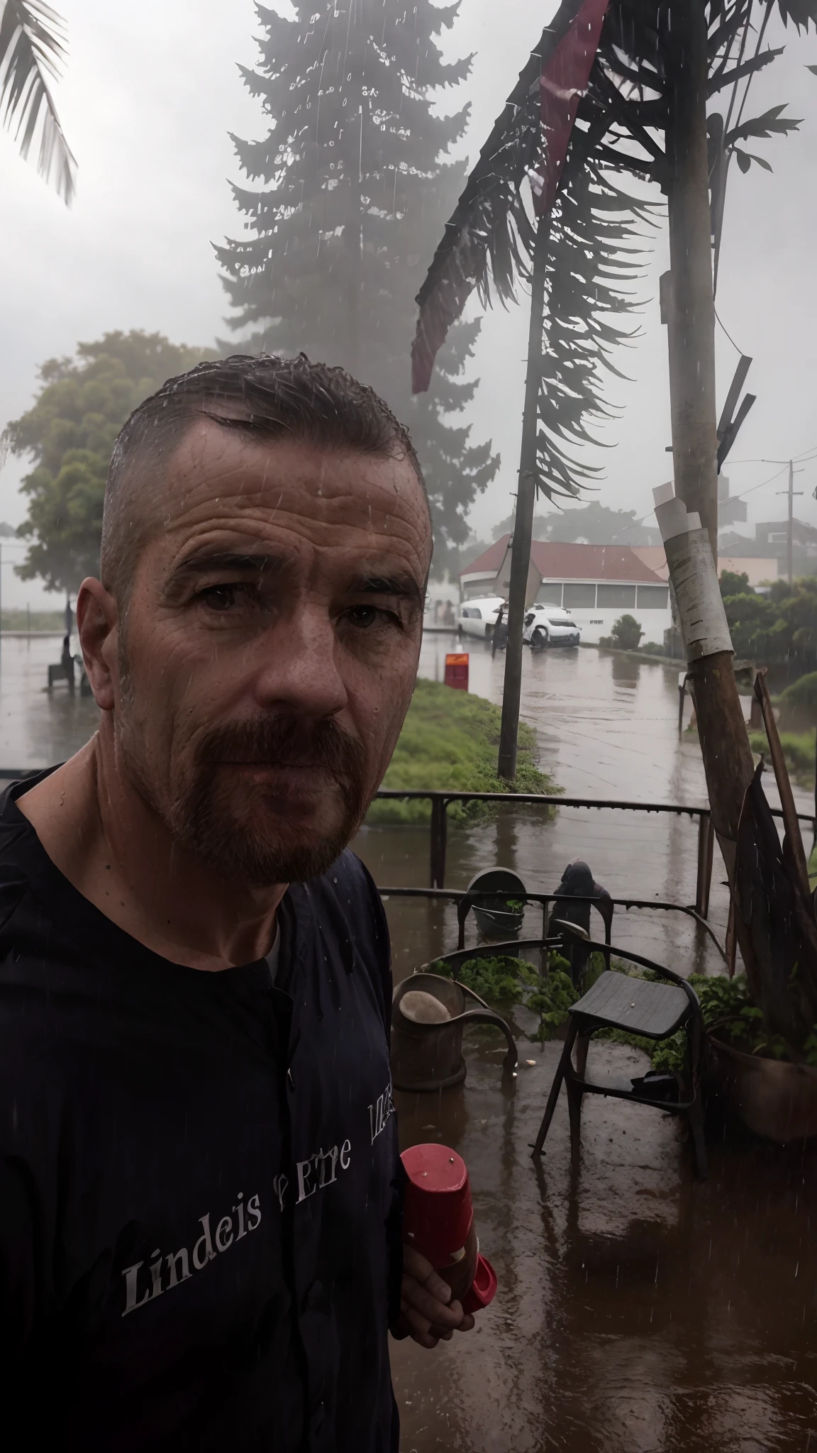 There's a man standing in the rain with a red umbrella, rainy outside, rainy day outside, In the rain, raining outside, nublado!!!, cerca de 3 5 anos, Homem de 4 0 anos, 3 2 anos, Standing in the rain, just after the rain, tempo chuvoso, em um ambiente chuvoso, com um parque ao fundo, david rios ferreira