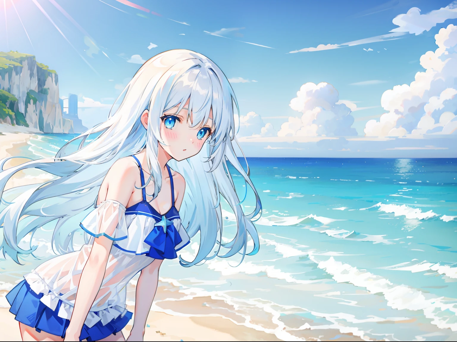 On the beach by the sea，1girll，White color hair，long whitr hair，blue color eyes，（Carefully portray the face），Height 166cm，high school senior，adolable，blue bikini，laying on a beach，，（Carefully depict the action），（Carefully portray clothes），（Carefully depict the expressions），Day Man Girl，tmasterpiece，8k wallpaper，Ambient light，Poor milk，