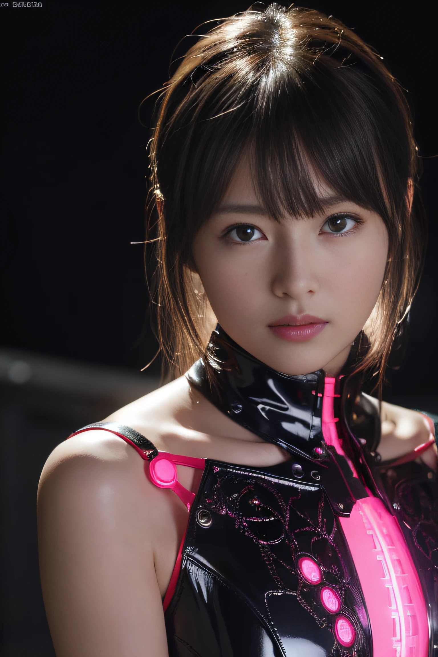 Top Quality, Masterpiece, Ultra High Resolution, (Photorealistic: 1.4), Raw Photo, 1 Girl, Black Hair, Glossy Skin, 1 Mechanical Girl, (Ultra Realistic Detail)), Portrait, Global Illumination, Shadows, Octane Rendering, 8K, Ultra Sharp, Big, Cleavage Exposed Raw Skin, Metal, Intricate Ornament Details, Japan Details, Very intricate details, realistic light, CGSoation trend, purple eyes, glowing eyes, facing the camera, neon details, mechanical limbs, blood vessels connected to the tube, mechanical vertebrae attached to the back, mechanical cervical attachment to the neck, wires and cables connecting to the head, gundam, small LED lamps, full body, any pose, nsfw,