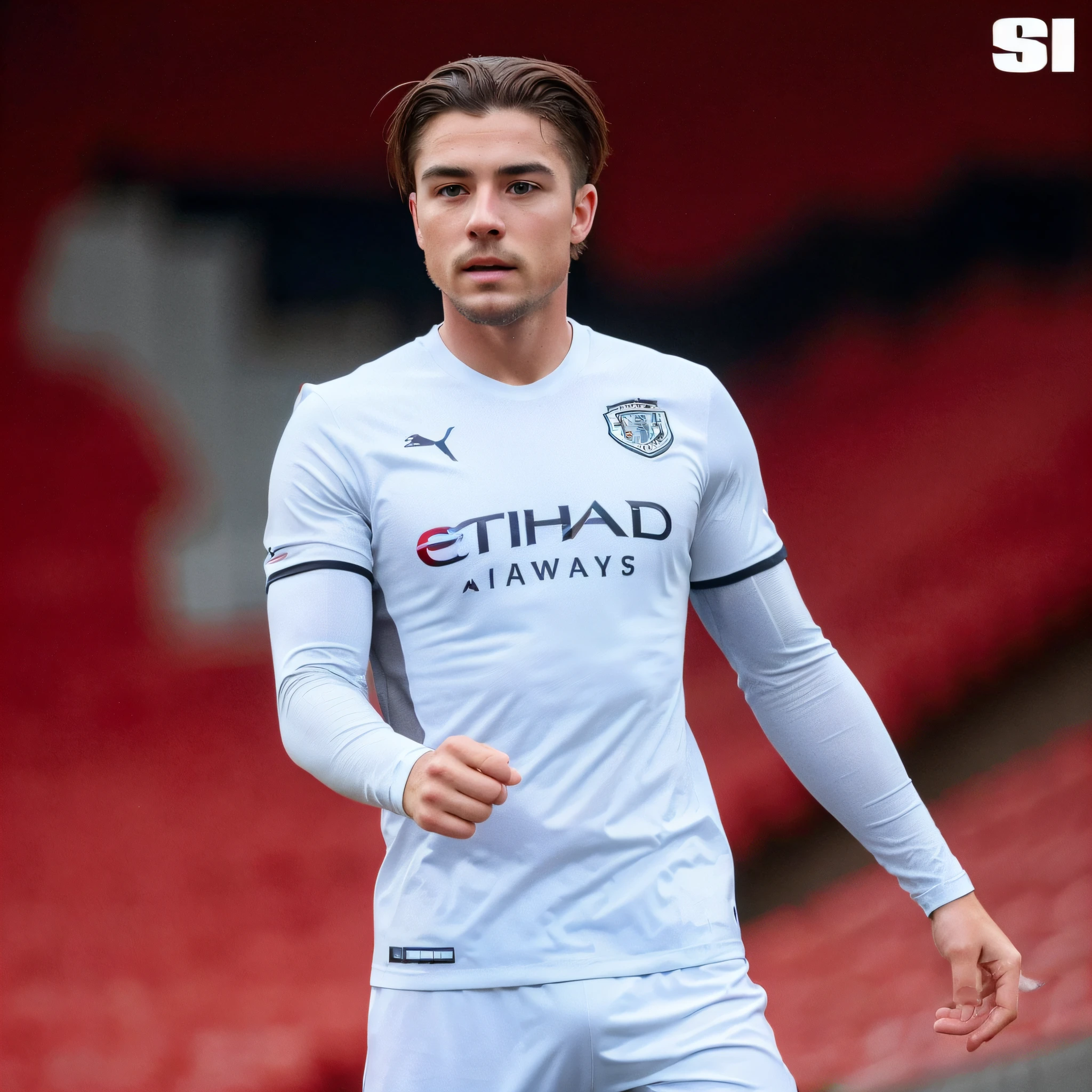 create an ultra realistic photogenic image of a British player, with light brown hair, gray eyes, Jack Grealish style hair, medium beard, and a body like Jack Grealish wearing a black t-shirt. ultra realistic image.