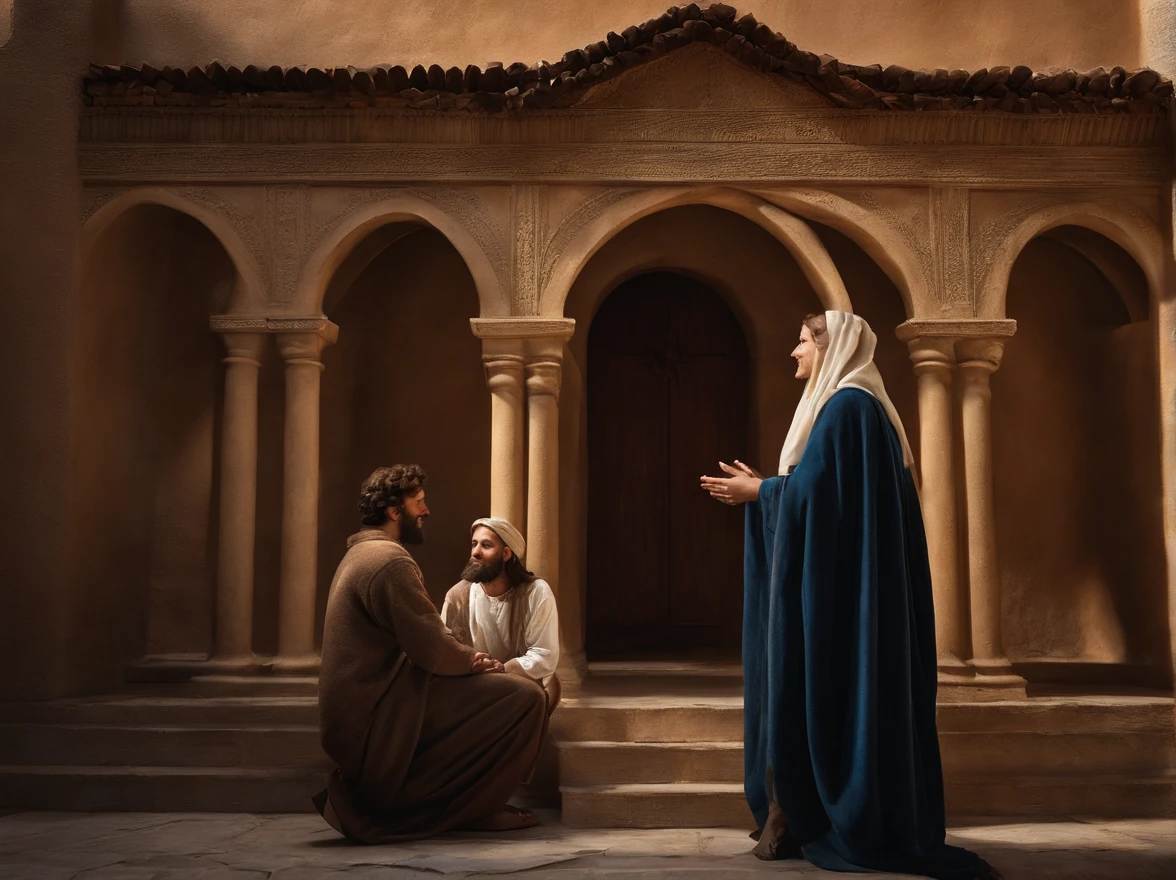 "Por favor, create a hyper-realistic photographic image that depicts the scene of Mary and Joseph in the manger, onde nasceu Jesus. semblante em seu rosto transmite felicidade e alegria , display expressions of curiosity and contentment. The photography is extremely realistic, with specular illumination, volumetric facial light, and visible shadows, enfatizando detalhes intrincados. The image is elaborate and hyper-realistic, capturing the cultural richness of the time and the emotion of the moment, Based on the biblical narrative." Both are standing in front of the synagogue