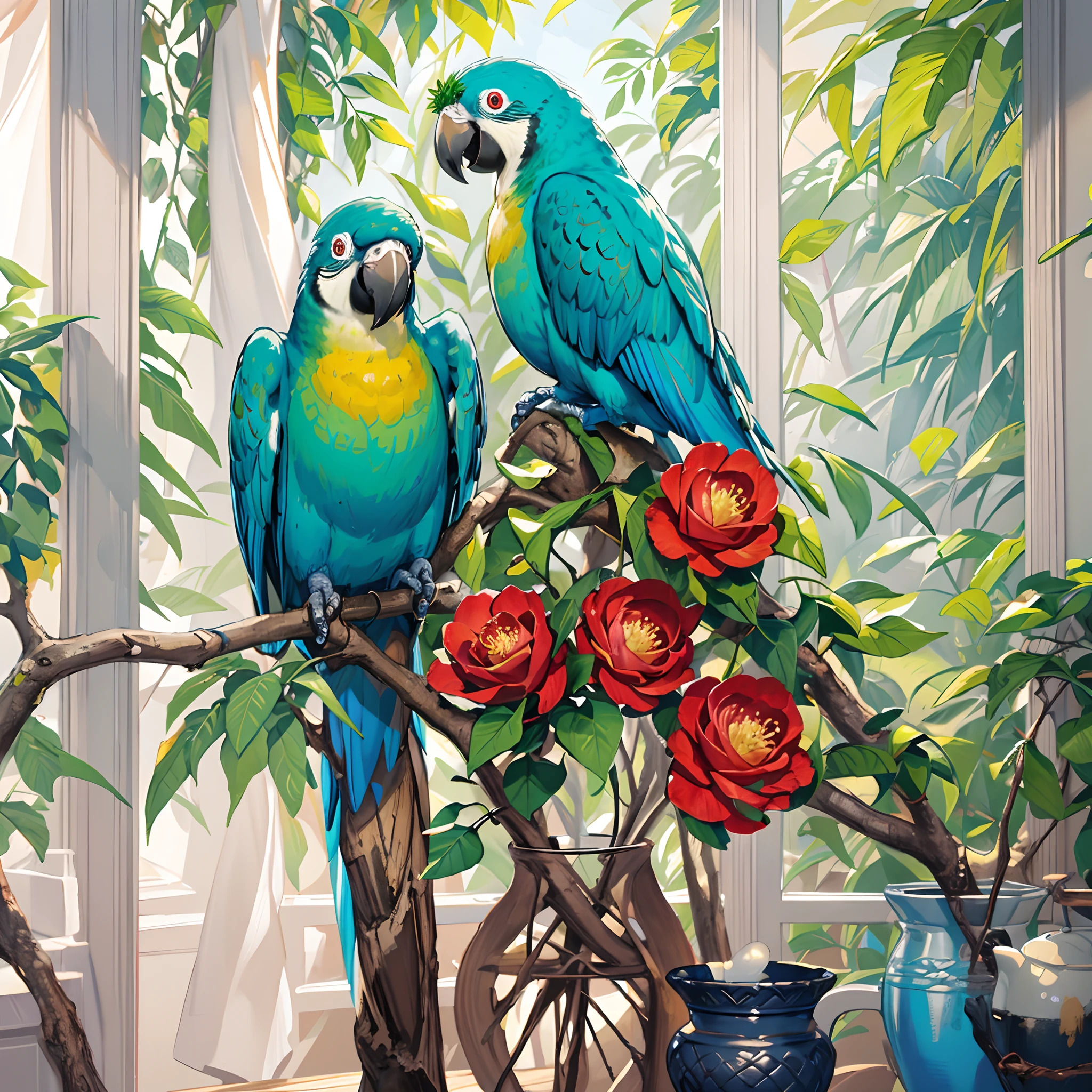 There are two parrots sitting on a branch next to a flower pot, Arte bonita UHD 4K, Papagaios, pintura digital altamente detalhada, Arte digital altamente detalhada em 4k, colored birds, pintura digital bonita, 8k arte detalhada de alta qualidade, pintura detalhada 4K, pintura digital altamente detalhada, aves tropicais, Gotejamento HD colorido, bela arte digital