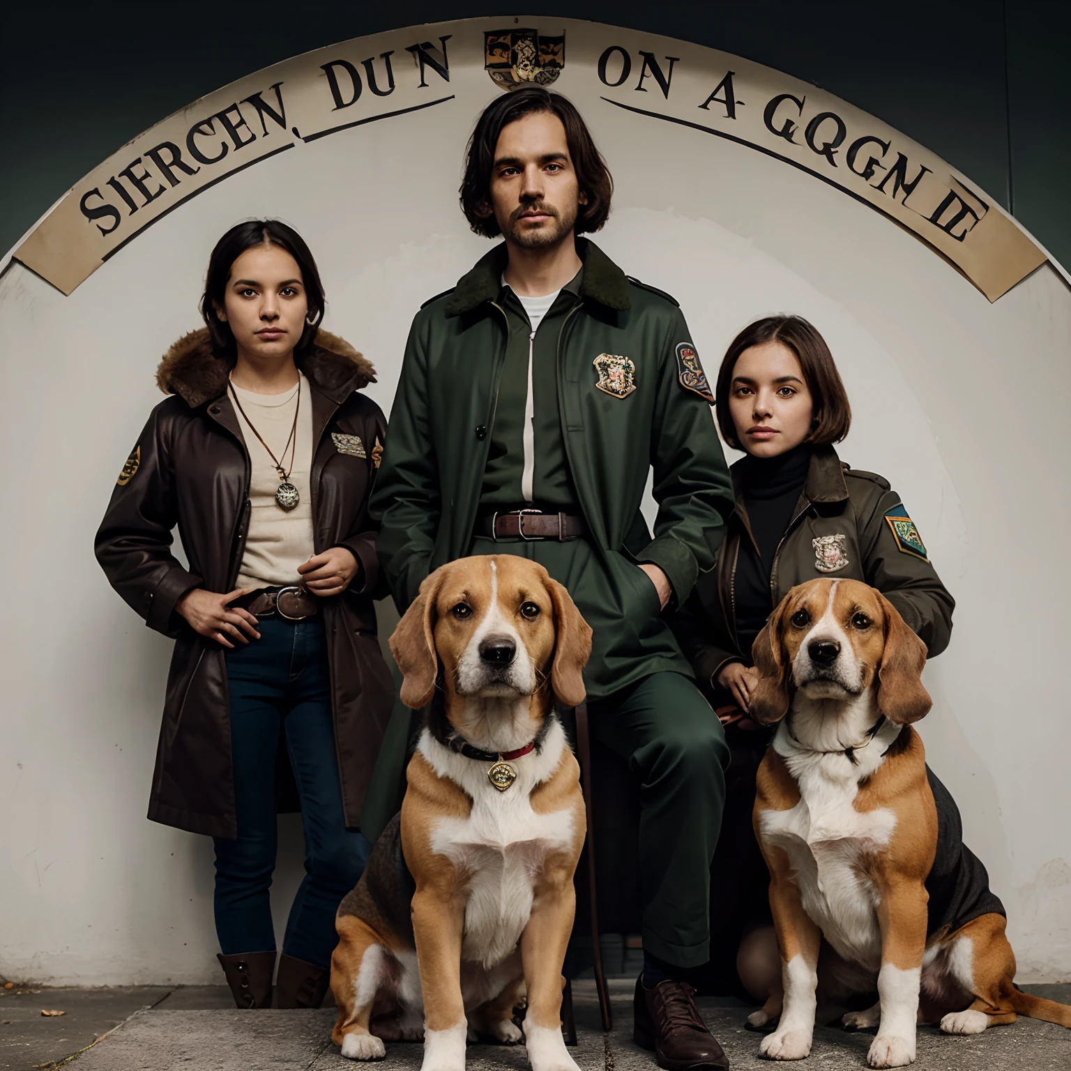 A coat of arms with a beagle dog, a vintage shotgun, and the phrase A-class squad