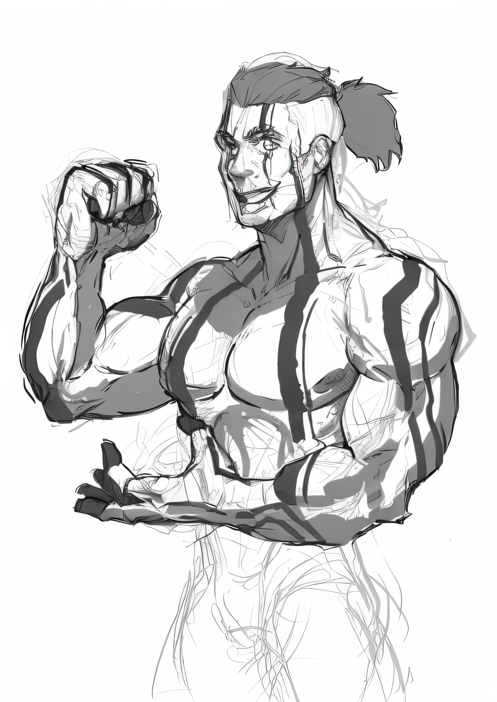 DND Character, Drawing of a man with a raised fist in a pose, in detail, but rude, muscular character, Digital ink, muscular, Heavy gesture in close-up style, Digital sketch, SF5 Ink Style, SF 5 Ink Style, Rough sketch, muscular!! fantasy, Muscular male goliath, heavy outlines, intimidating pose, Lowres, hair in a ponytail, tattoos on body, Good-natured face, big chest