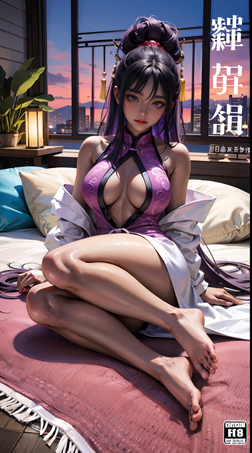 Purple colored hair，Big breasts，Chinesedress，  Naked body girl，The barefoot，（Dark black skin 1.2，Dark skin1.2），NSFW cover，soccer court