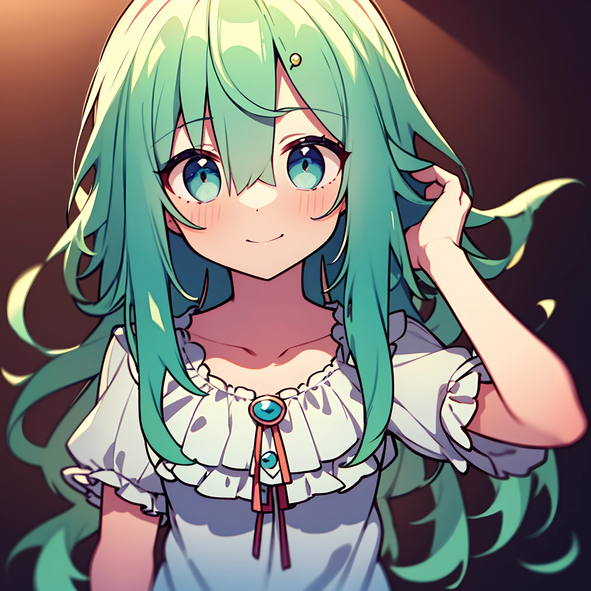 Cute, slime-like hair, green hair, blue eyes, frilly clothes, loose character