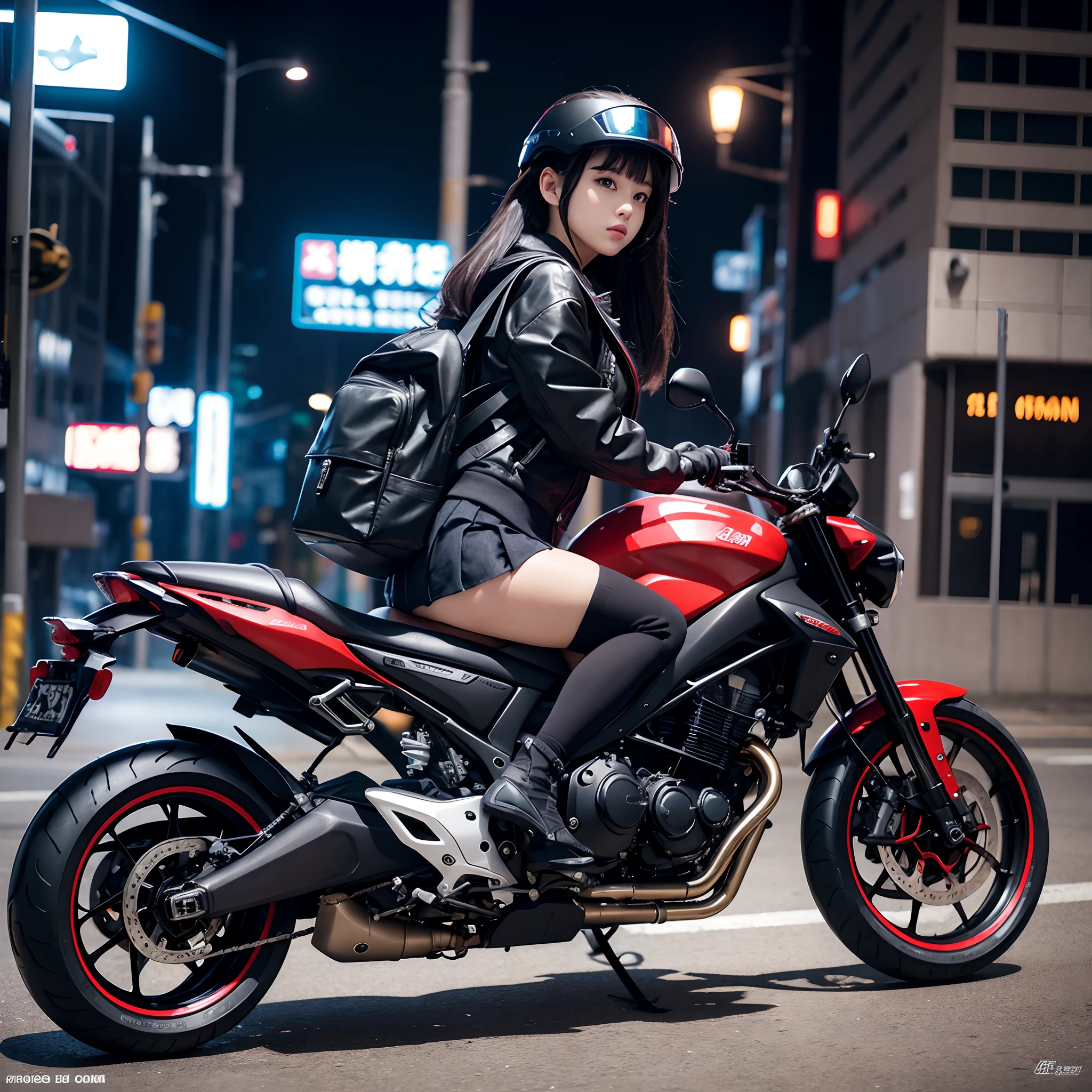 masterpiece, best quality, 1girl, solo, jacket, school uniform, serafuku, thighhighs, wearing gloves, wearing backpack, black hair, black eyes, cyberpunk, street, machinery, motor vehicle, motorcycle, panorama, wearing helmet, speed line, depth of field, motion blur, perspective, panorama, riding, floating hair, night, neon trim, hand on hand grip,