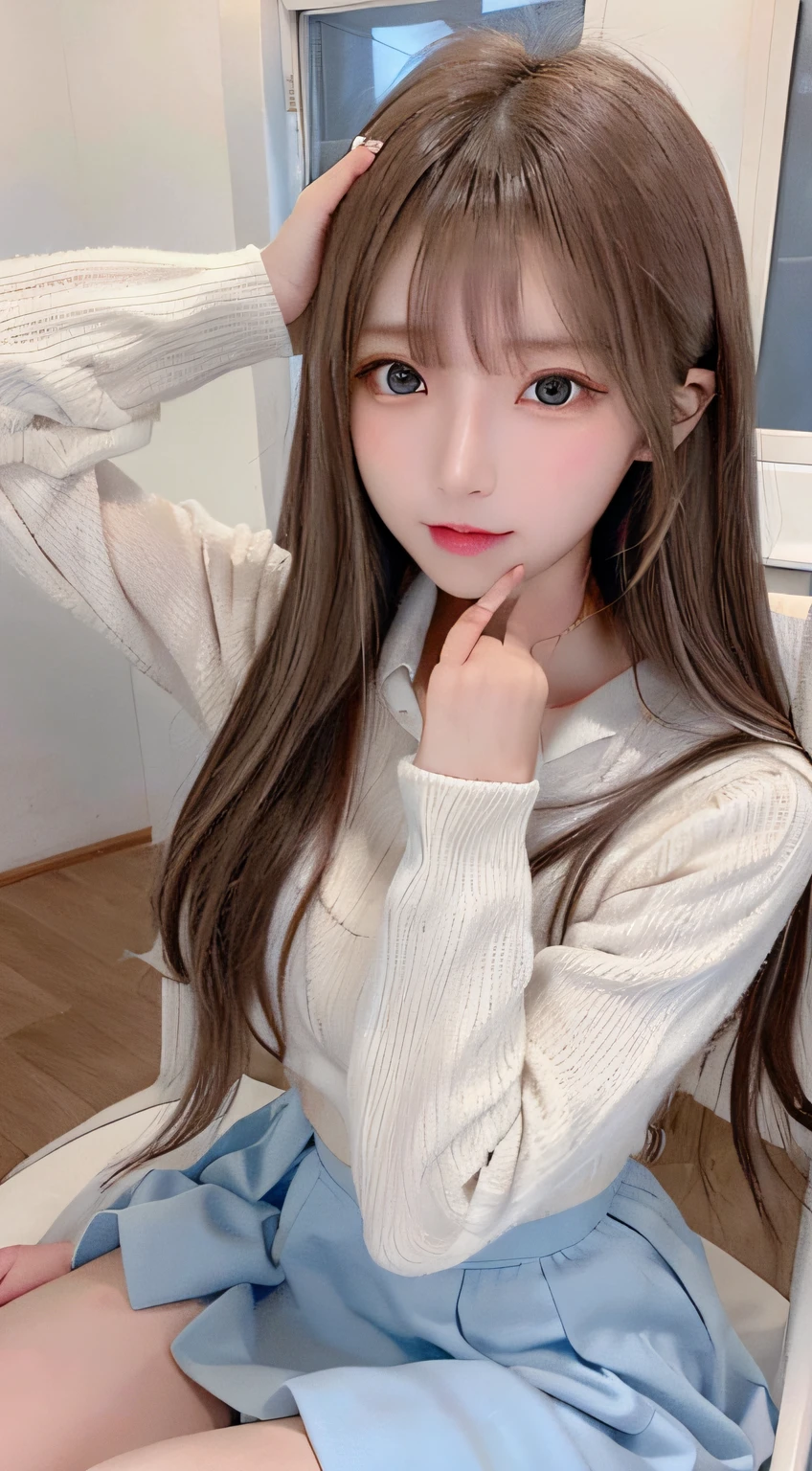 bright expression、photorealisim、top-quality、超A high resolution、a picture、Photos of the most beautiful Nordic girls、Detailed cute and beautiful face、a small face、(pureerosface_v1:0.008)、Beautiful bangs、alice in the wonderland、sixteen years old、(thighs thighs thighs thighs:1.2)、full body Esbian、Glowing white shiny skin、Hair tangled in the face、Bangs that extend to the face、bangss、Hair between the eyes、length hair、Attractive brown silky hair、finer hair、Attractive glowing beautiful bright clear light blue big eyes、(winter school uniform:1.2)、(pleatedskirt:1.2)、eye liner、Sitting in a classroom、Double eyelids、ample breasts、Dynamic Pose