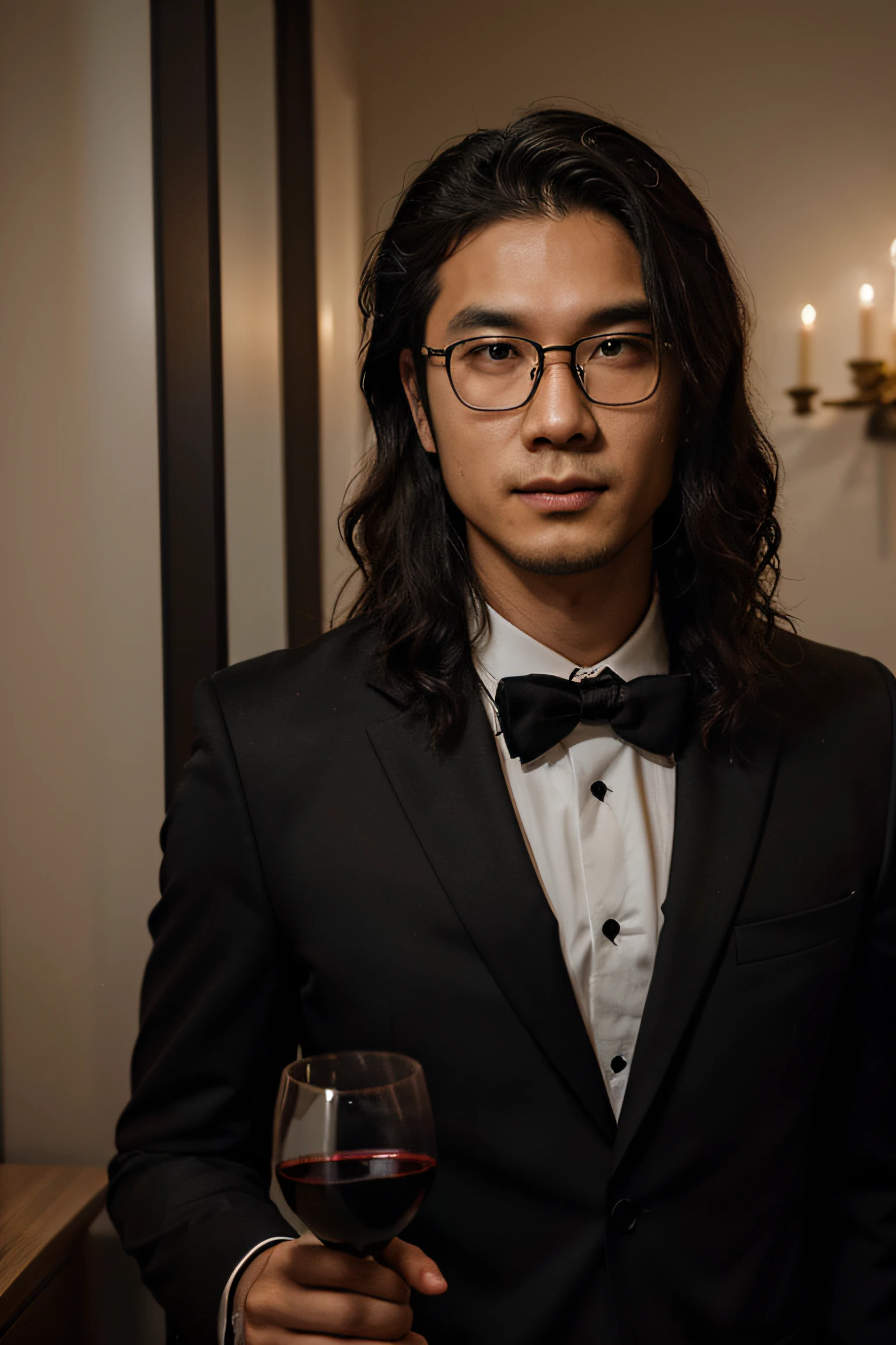 asian man, v-line face, curly mullet hair, Young adult, 26 years old, wine glass on hand, black suit, black glasses, no beard, portrait
