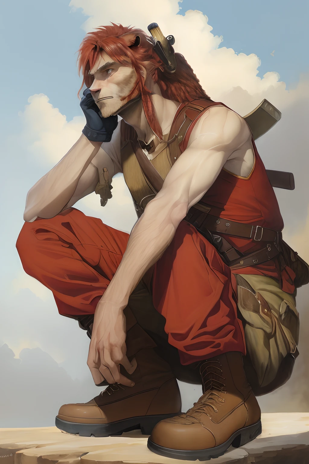 Painting by Jean-Baptiste Monge depicting a large adult lion, Bright red mane, evil look, Dressed in military uniform, Cap on his head, In the hands of a weapon, stands on a ledge, , jean - baptiste monge, anthropomorphic --ar 2:3 --testp -optimistic;