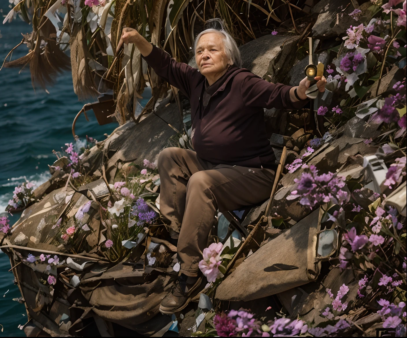 An old woman with squinting eyes in the midst of a sea of flowers