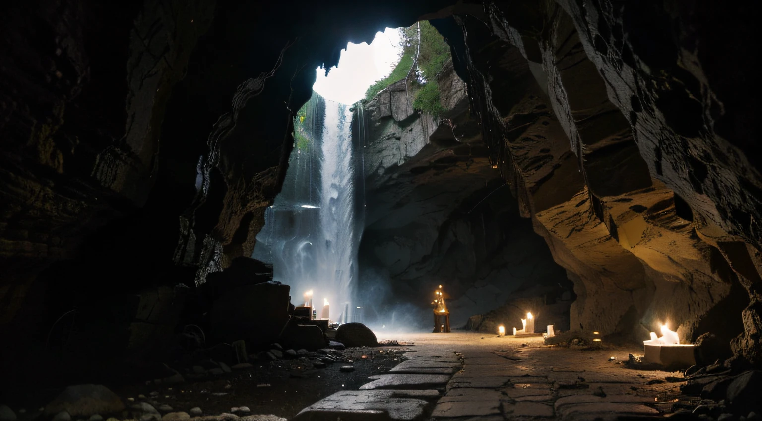 Outside from a cave in the mountains of Korea, There is a stone path inside the cave, and candles are lit on both sides of the path. Outside the cave is a magnificent waterfall and cliff, and there is a dragon climbing the cliff. Thick fog, Water on the floor