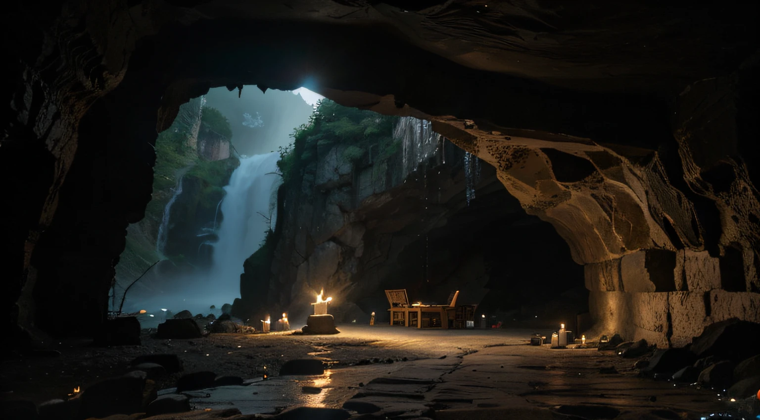 Outside from a cave in the mountains of Korea, There is a stone path inside the cave, and candles are lit on both sides of the path. Outside the cave is a magnificent waterfall and cliff, and there is a dragon climbing the cliff. Thick fog, Water on the floor