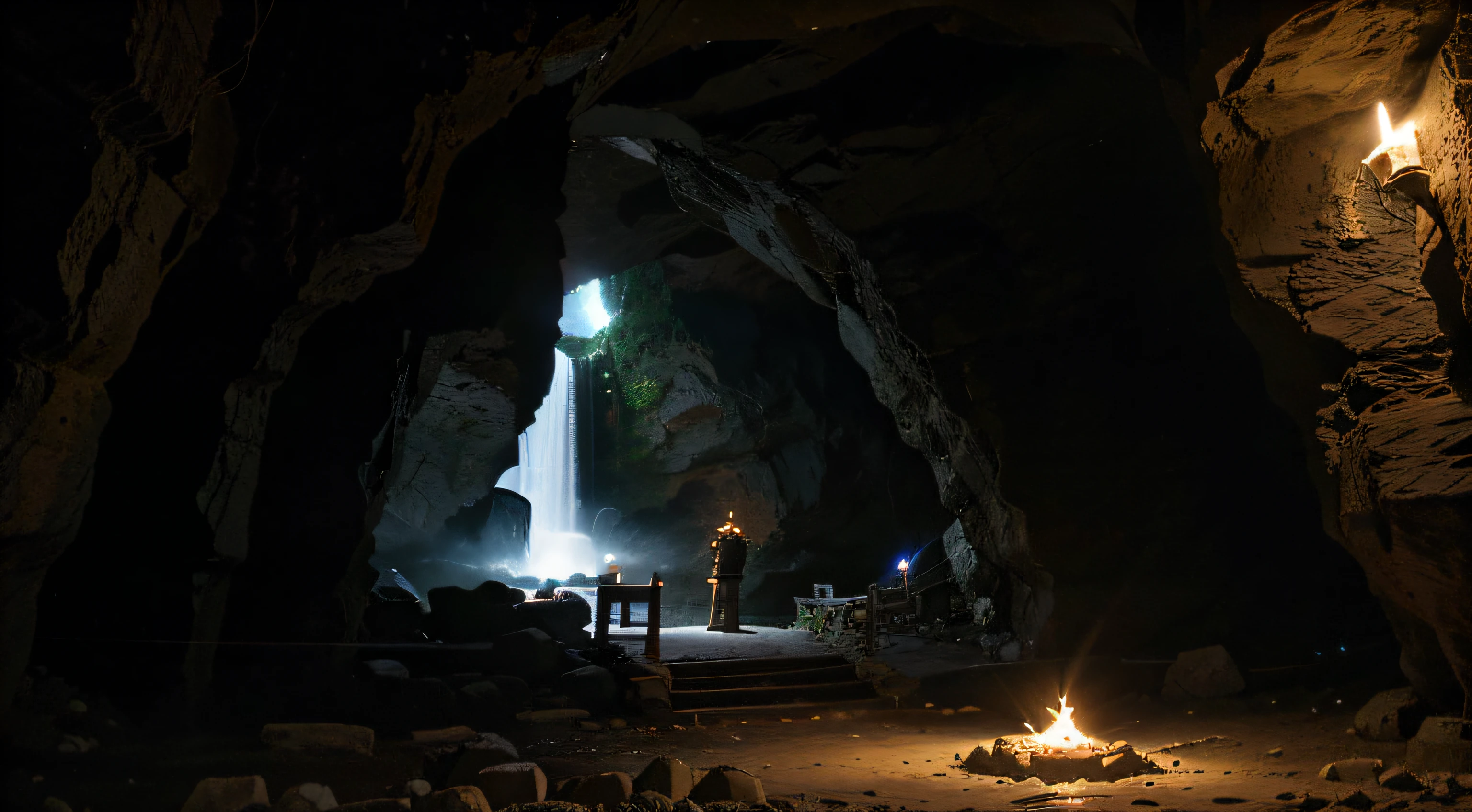 Outside from a cave in the mountains of Korea, There is a stone path inside the cave, and candles are lit on both sides of the path. Outside the cave is a magnificent waterfall and cliff, and there is a dragon climbing the cliff. Thick fog, Water on the floor