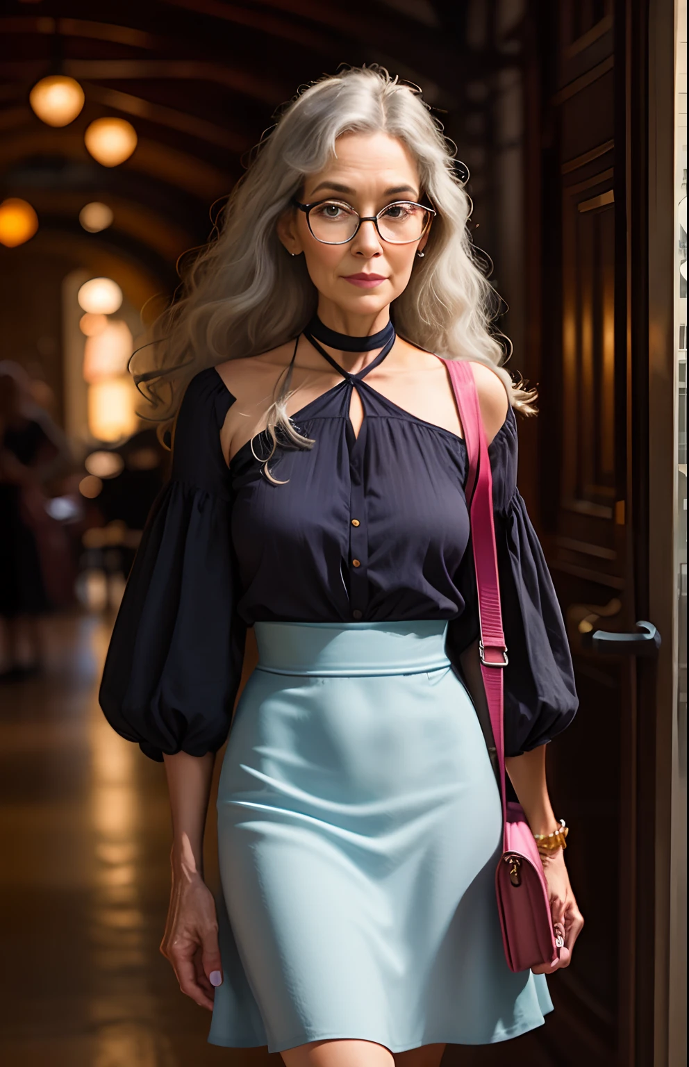 Personagem pixar/ disney Woman over 50 years old, medium height, long gray hair, parted on the side, without bangs, medium body wearing a flared dress with a crossbody blouse, glasses hanging around the neck, sewing a skirt