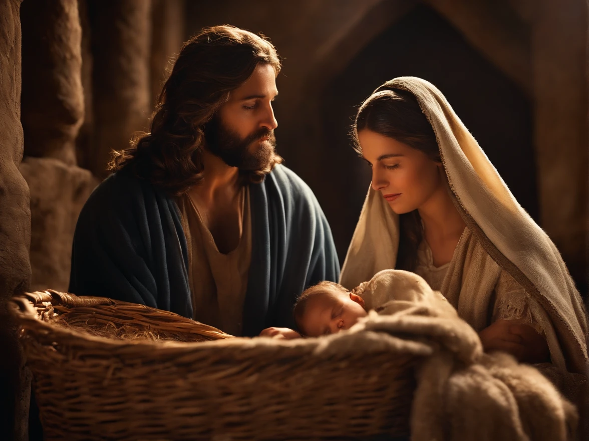 "Por favor, create a hyper-realistic photographic image that depicts the scene of Mary and Joseph in the manger, onde nasceu Jesus. semblante em seu rosto transmite felicidade e alegria , display expressions of curiosity and contentment. The photography is extremely realistic, with specular illumination, volumetric facial light, and visible shadows, enfatizando detalhes intrincados. The image is elaborate and hyper-realistic, capturing the cultural richness of the time and the emotion of the moment, Based on the biblical narrative."