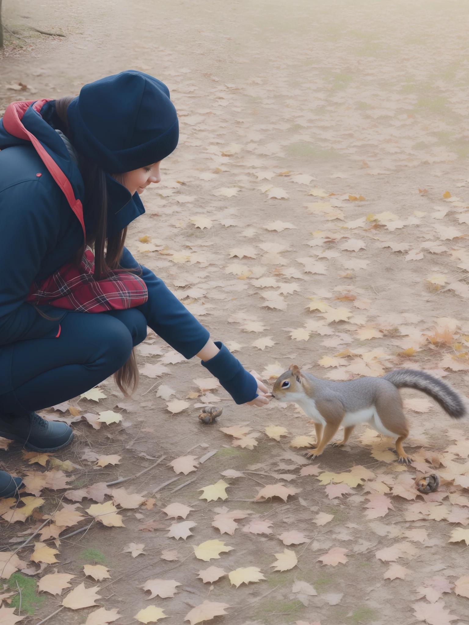 Girl in the autumn forest, Girl feeding a squirrel from her hands, Realistic juicy and bright forest, Changing the background to a beautiful bright autumn forest, Change the background to the forest