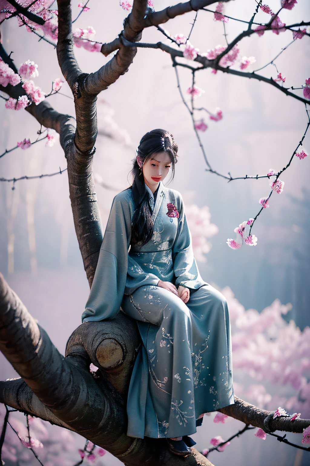 ink wash style,Chinese style girl,A long dress in ink style,Temperament is cold,Hands raised slightly,Full body composition,It is flanked by quaint trees,Plum blossoms spread all over the ground,Highly detailed digital art in 4K,of ethereal fantasy