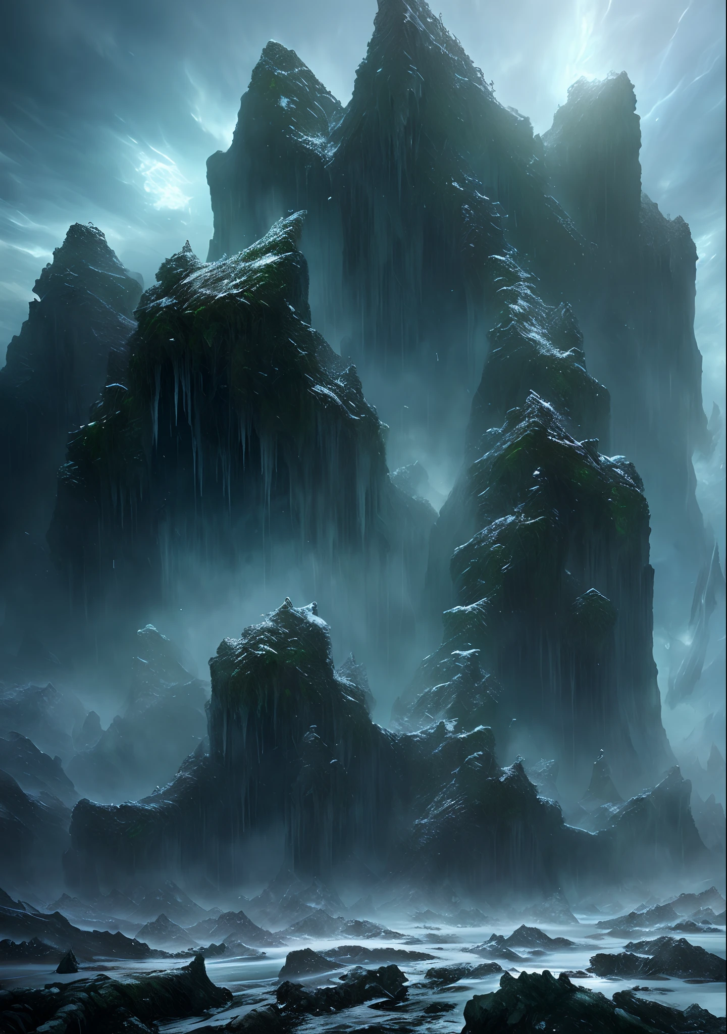 (masterpiece), icy monsters, (decrepit setting), danger, dawn, (art by [Bastien Lecouffe-Deharme| Caspar David Friedrich]:1.2), (unreal engine rendering, photorealistic painting, photorealism:1.2), (mysterious)