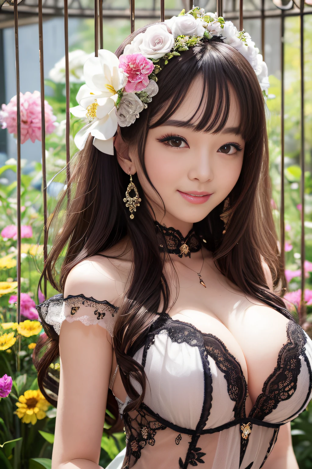 There is a beautiful girl in a bird cage that is large enough for a person to fit、Beautiful girl smiling in a bird cage、There are many flowers blooming around、Whispering of a little bird、The maiden's breasts are very large、See-through dress with fine floral embroidery、masutepiece、A detailed