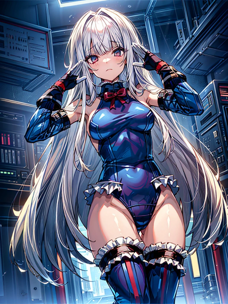 (1girl in, (digital) ( (Inside the complex base of the future:1.5), medium breasts, (fril swimsuit, thighs thighs thighs thighs, Detached sleeves)) , Best Quality, marierose,、Hypnorola
Eyes in the sky、1girl in,Emotionless facial expressions,,Angle from the front,saluting