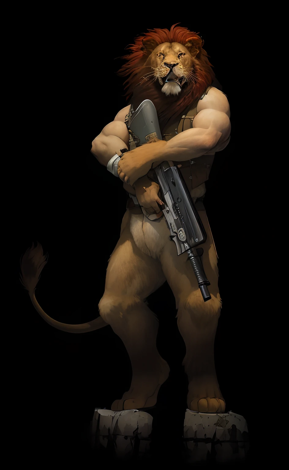 fox mccloud, 4k, high resolution, best quality, detailed, posted on e621, solo, anthro body, male, avarage build, (plain background:1.1), correct anatomy, (cel shaded, cartoony shading, strong shadows, dramatic lighting):1.3, (by wfa, by takemoto arashi, by meesh, by Taran Fiddler), fox tail:1.1, detailed eyes, naked, red scarf, gloves, side view, butt, holding space gun