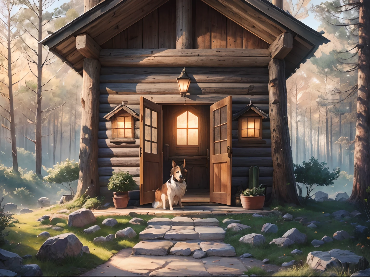 A watercolor pencil drawingof a black and white miniature sheltie in front of a log cabin in the Arizona mountains with a stone trail leading through the trees to a shrine with three crosses, pile of chopped wood and an axe beside the cabin, planes flying, cinematic, realism, crystal clear, micro-details, cinematic light, highres, imagination, (realistic), clear skies, composition, sunset, (hdr:1.5), outdoors, intricate details, whimsical style