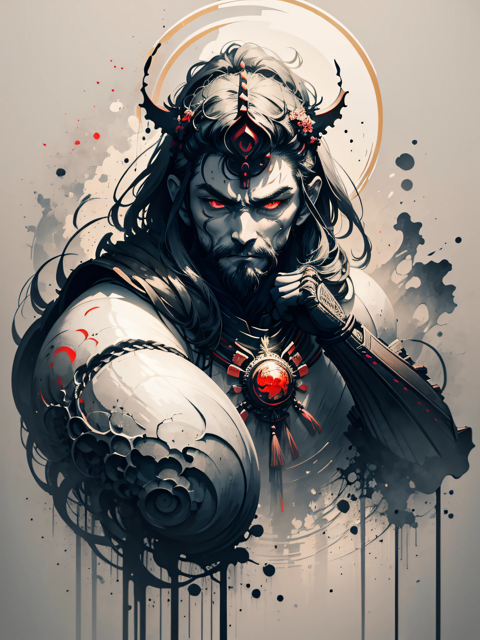 Masterpiece of a Samurai with his armor, by Anato finnstark, details with high contrast colors, black and white, anime style, Japanese theme, hyperdetailed, ultra quality, 4k, intricate lighting, chiaroscuro, white background with one color ink spots, drawing stroke made with 0.5 mm Rottring marker.