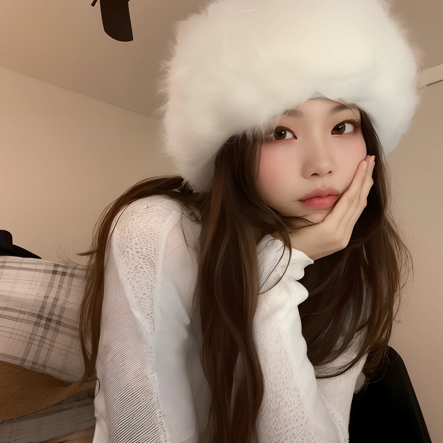 Arafed woman wearing a white hat and a white shirt, wearing a cute hat, com pelo fofo branco, jennie blackpink, Xision Wu, Parque Roseanne do Blackpink, wearing a chocker and cute hat, gemma chen, it's wearing a cute little hat, smol fluffy cat wearing smol hat, jossi do blackpink, Ulzzang, with a weird hat