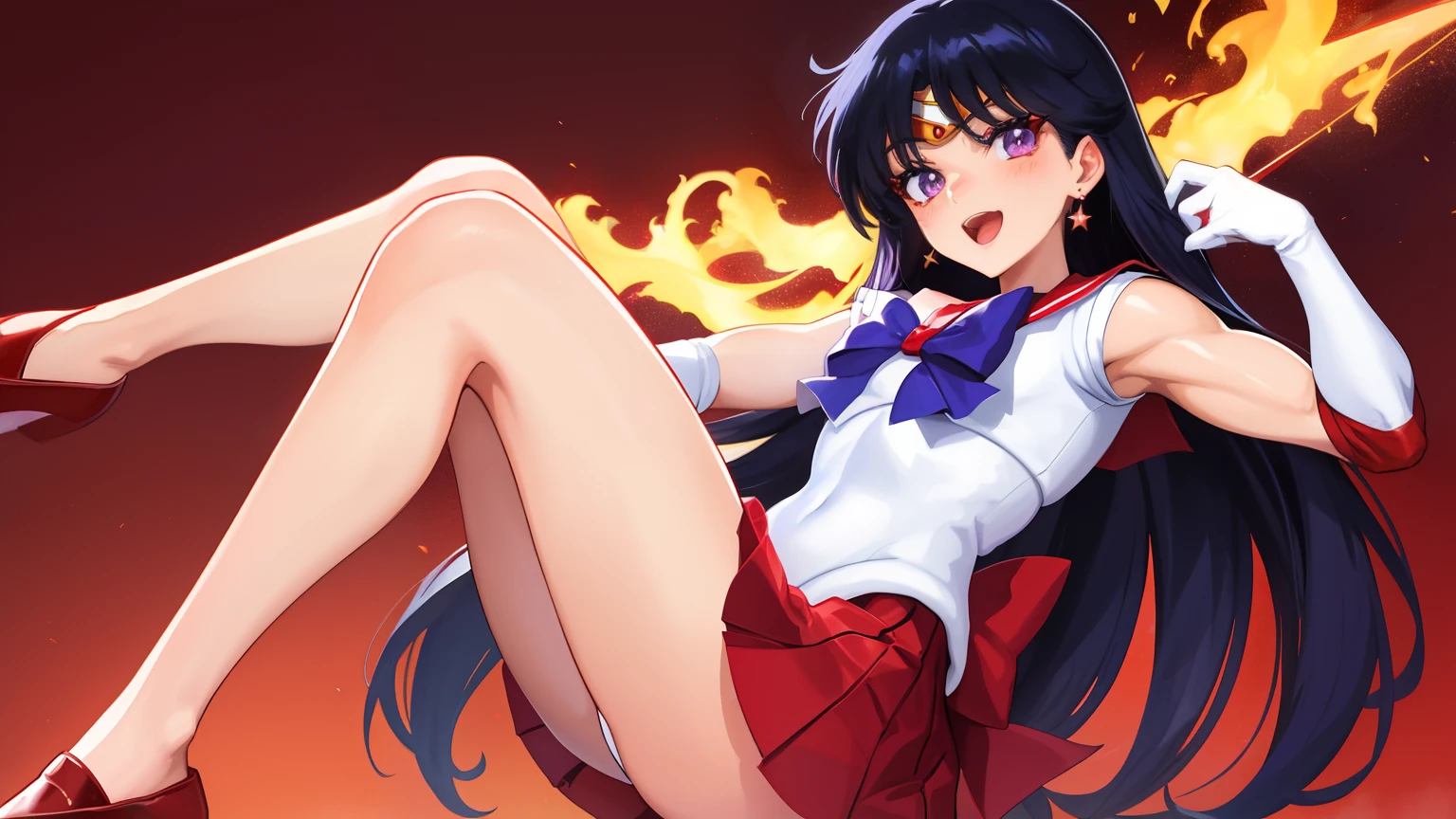 top-quality、masterpiece、Anime Boy、Cool boys、 high schoolRei Hino、gender change、Sailor Mars、gender change(Girls to boys)、rating:safe、Sailor Senshi Uniform、Red sailor collar、Blue bow tie、solo、Boy with very long black hair、a red skirt、Magical Boy、skirt、white glove、elbowgloves、Flames around him、red_background、White leotard、highleg leotard、robe blanche、Boy with Purple Eyes、jewelry、Star earrings、a miniskirt、pleatedskirt、open_mouth、Bare shoulders、bare legs、back_bow、Explosive flames around him、heart_hands、circlet、Muscular men、blush、bow、fire、burning、Anime boy standing、smile、looking_at_viewer、pose、lipsticks、Boy with makeup、blue_bow、(1990's\(styles\):0.9)、hight resolution、