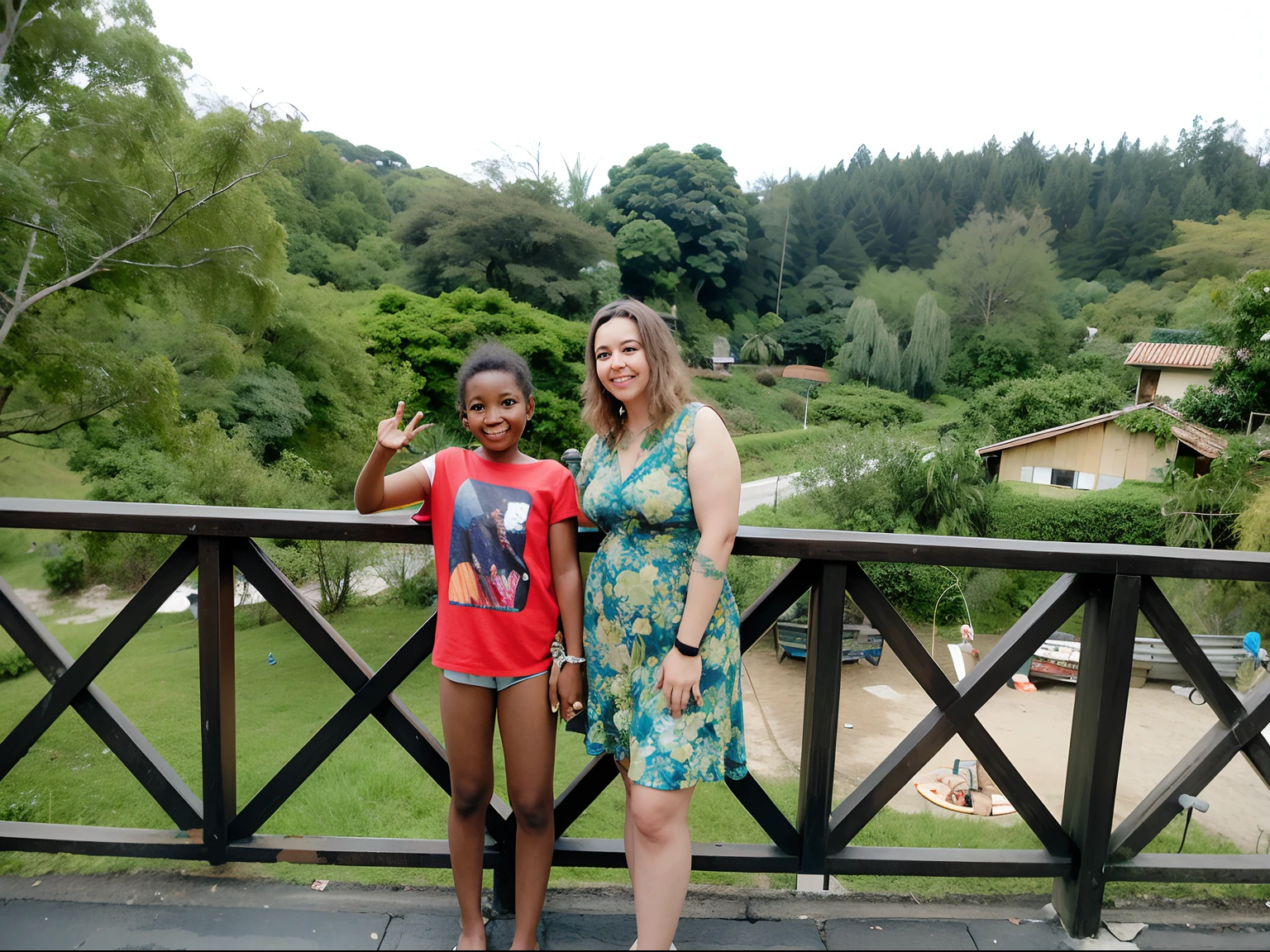 There are two women standing on a bridge with a , Malika Favre, 3 5 year brazilian mother, divertindo-se, with a kid, her de 30 anos de Cuba, Selvas ao fundo, garotada, belos arredores, Divirta-se, Obra-prima maravilhosa, Caroline Gariba, in the background is lush jungle, Divirta-se