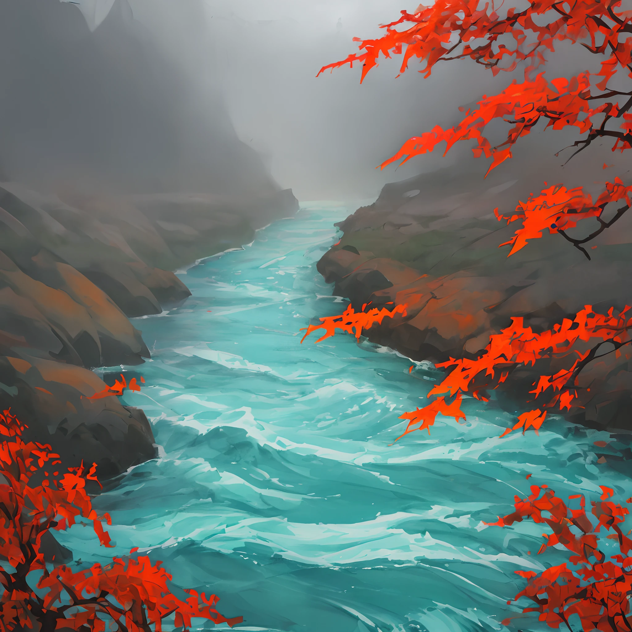 Red maple，Inky blue streams，The Man in Black，Bleak daylight，Dark green and half gray，White-edged waves，It is like a wind and rain man who walks the rivers and lakes and retains the simplicity