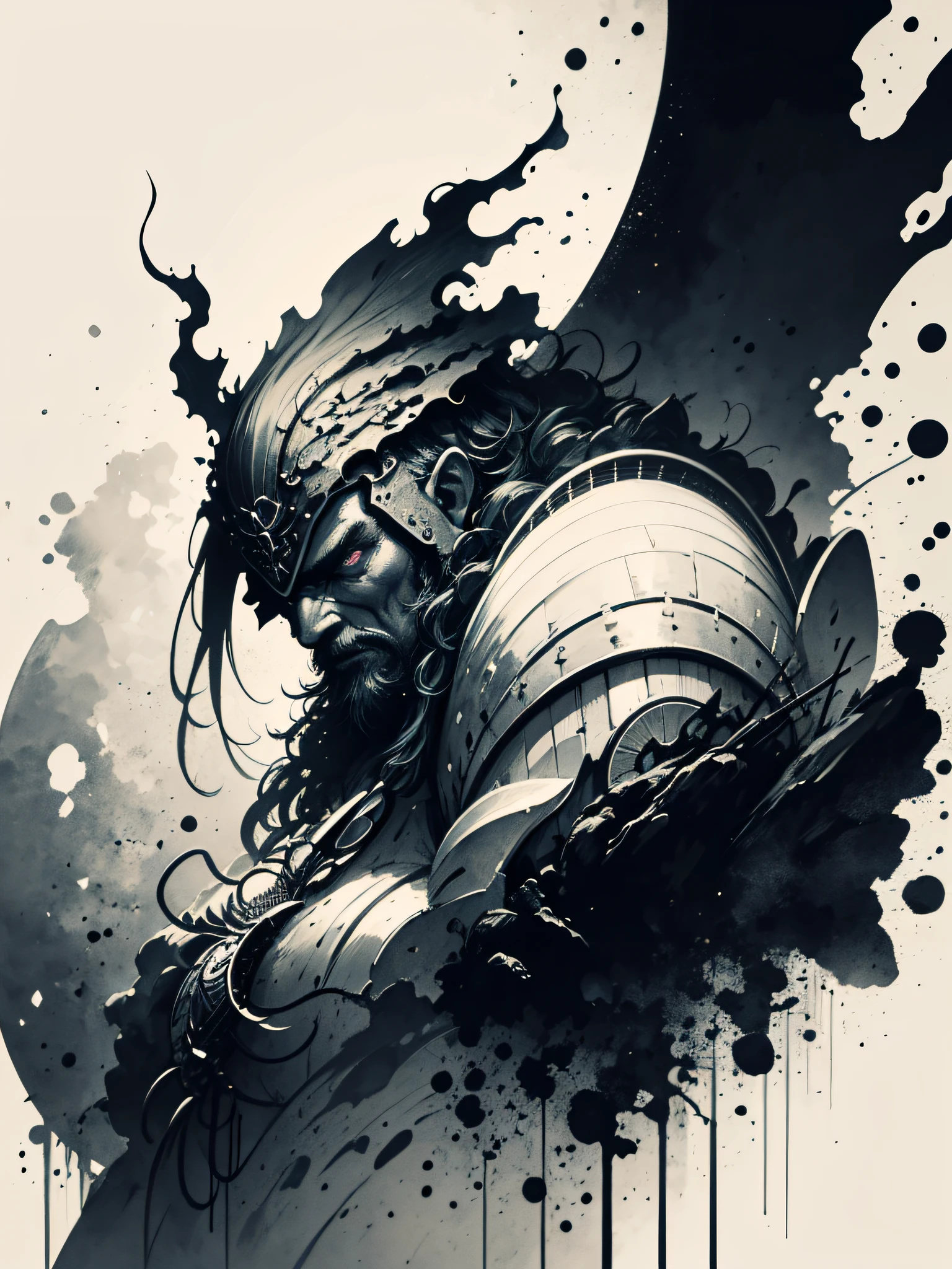 Masterpiece of a Samurai with his armor, drawn by Anato finnstark, white background with one color ink spots, drawing stroke made with 0.5 mm Rottring marker, details with high contrast colors, black and white, anime style, Japanese theme, hyperdetailed, ultra quality, 4k, intricate lighting, chiaroscuro,