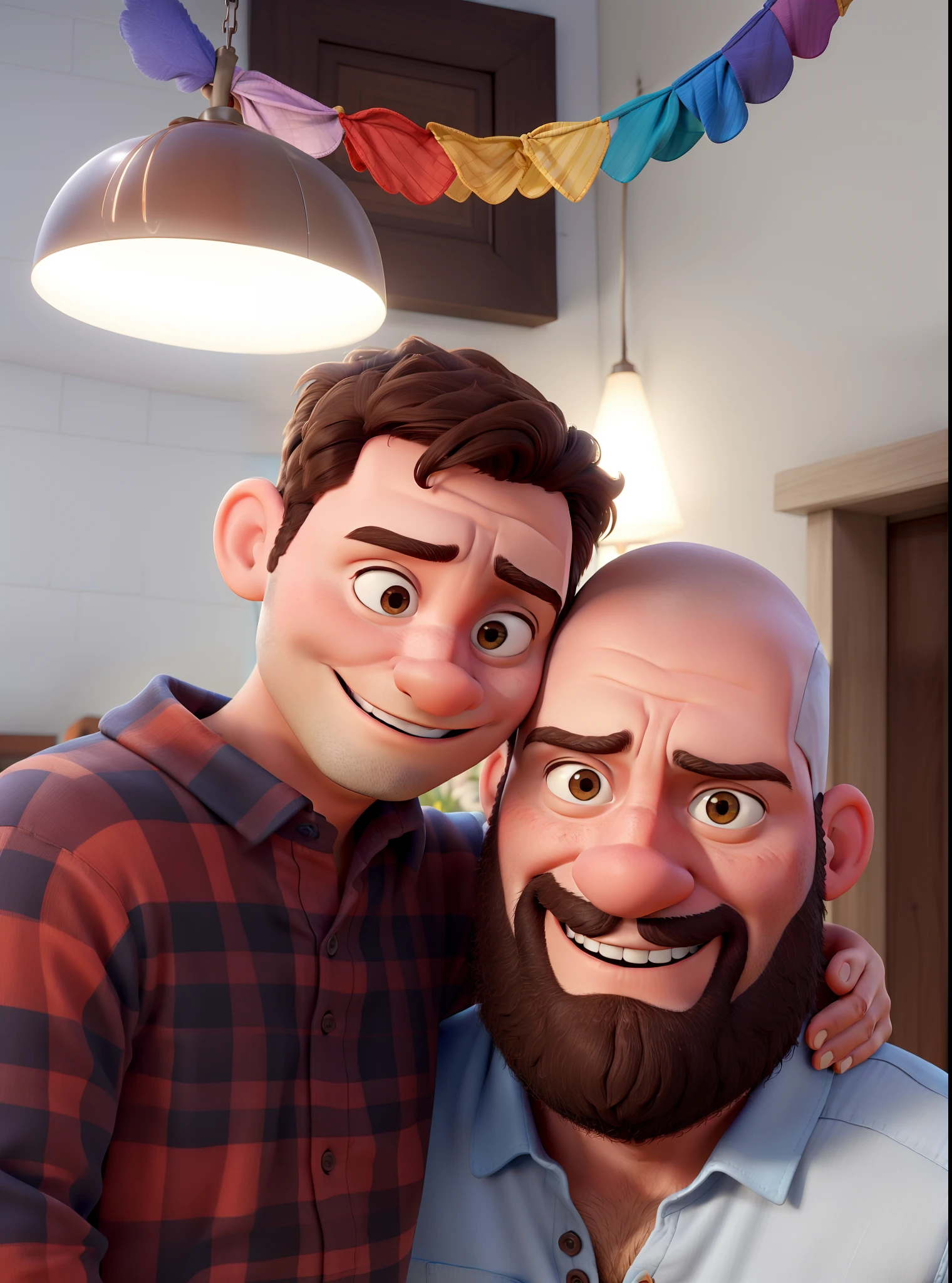 Crie imagem estilo Disney Pixar com Homem barbudo e careca com seu filho de seis anos de idade com camisa xadrez, Happy and hugged, alta qualidade e cores vibrantes