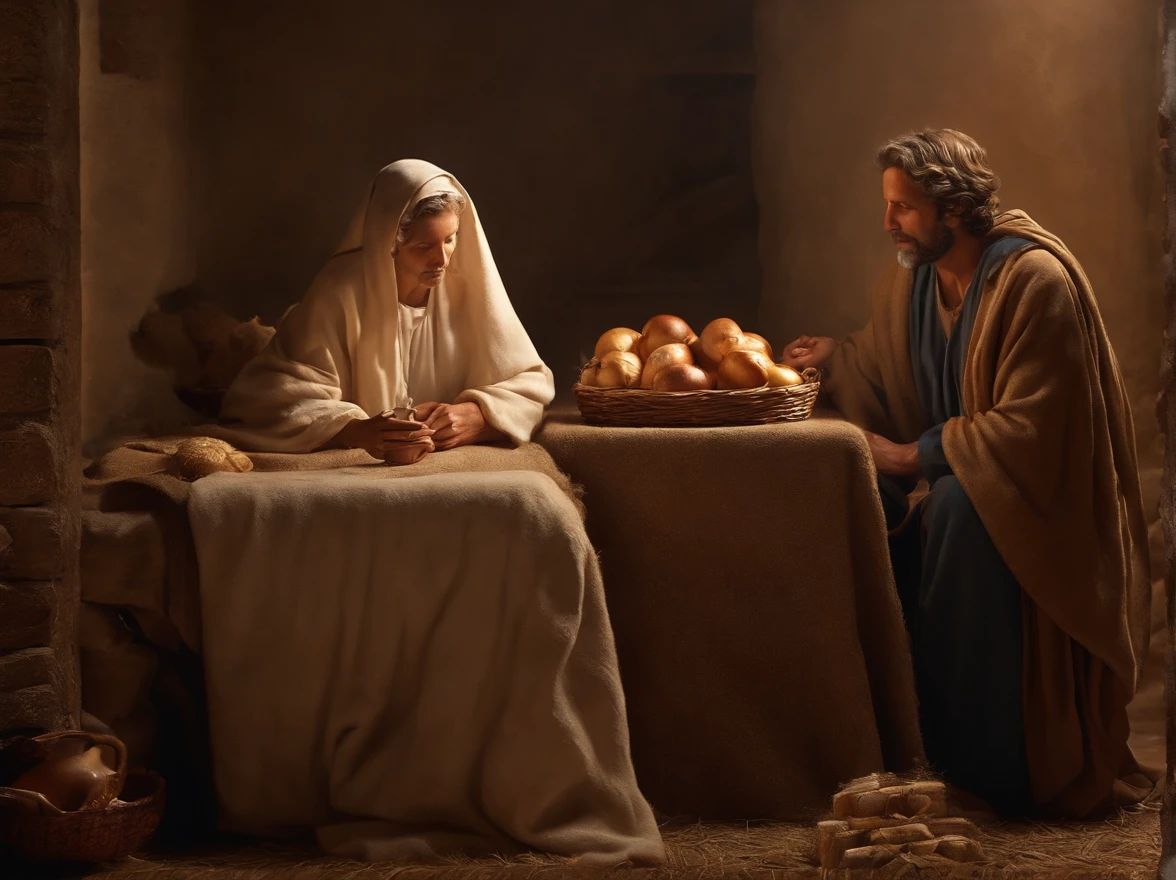 "Por favor, create a hyper-realistic photographic image that depicts the scene of Mary and Joseph thanking God,  semblante em seu rosto transmite felicidade e alegria , display expressions of curiosity and contentment. The photography is extremely realistic, with specular illumination, volumetric facial light, and visible shadows, enfatizando detalhes intrincados. The image is elaborate and hyper-realistic, capturing the cultural richness of the time and the emotion of the moment, Based on the biblical narrative."
