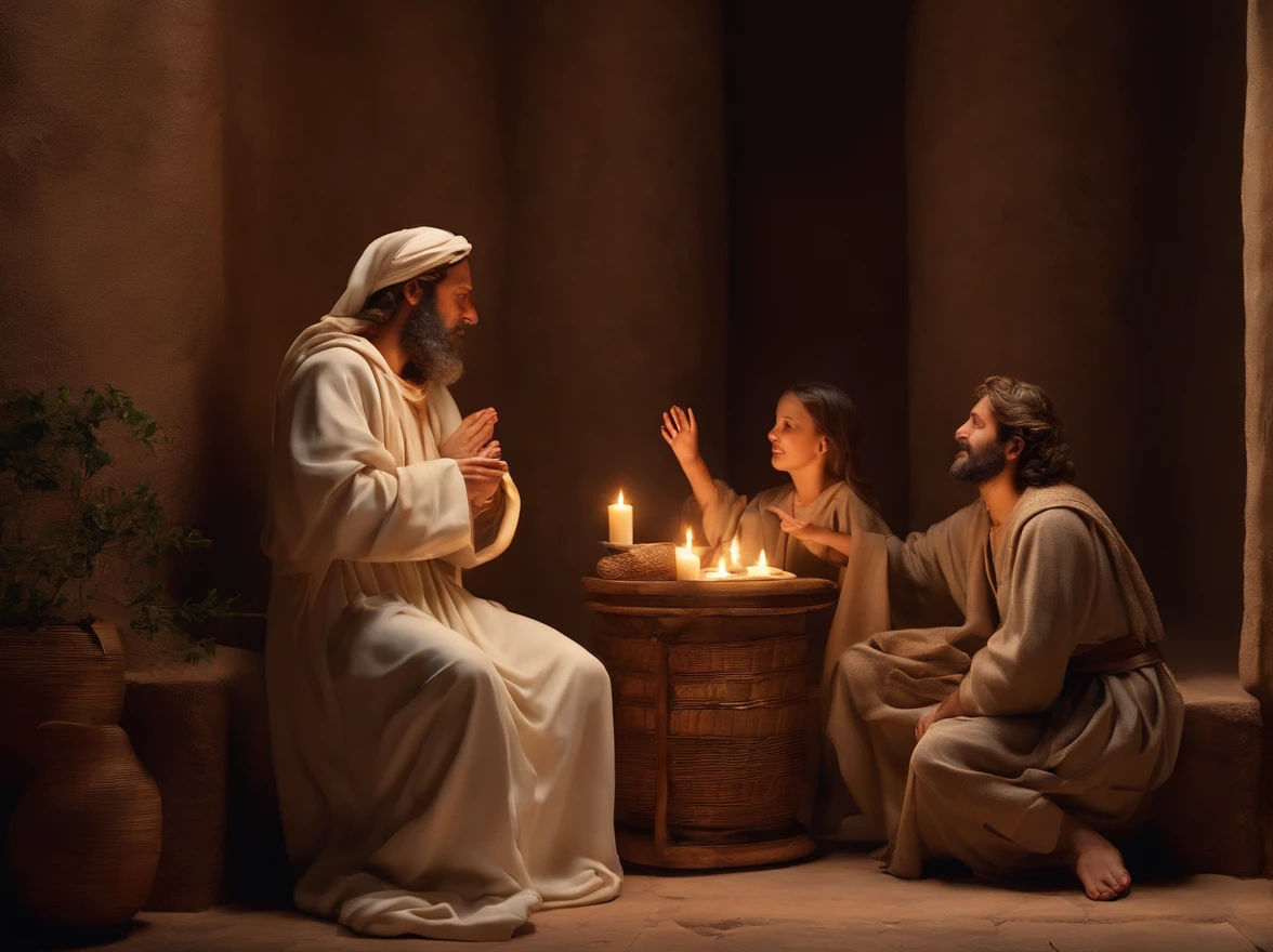 "Por favor, create a hyper-realistic photographic image that depicts the scene of Mary and Joseph thanking God, semblante em seu rosto transmite felicidade e alegria , display expressions of curiosity and contentment. The photography is extremely realistic, with specular illumination, volumetric facial light, and visible shadows, enfatizando detalhes intrincados. The image is elaborate and hyper-realistic, capturing the cultural richness of the time and the emotion of the moment, Based on the biblical narrative."