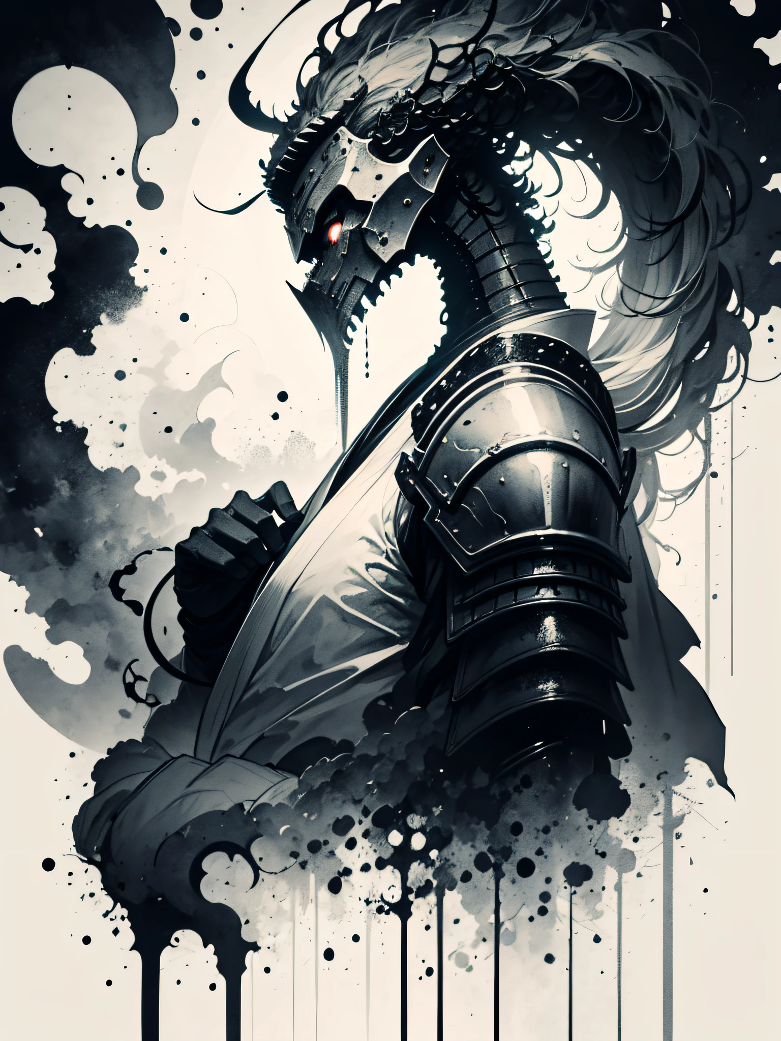 Masterpiece of a Samurai with his armor, drawn by Anato finnstark, white background with one color ink spots, drawing stroke made with 0.5 mm Rottring marker, details with high contrast colors, black and white, anime style, Japanese theme, hyperdetailed, ultra quality, 4k, intricate lighting, chiaroscuro,